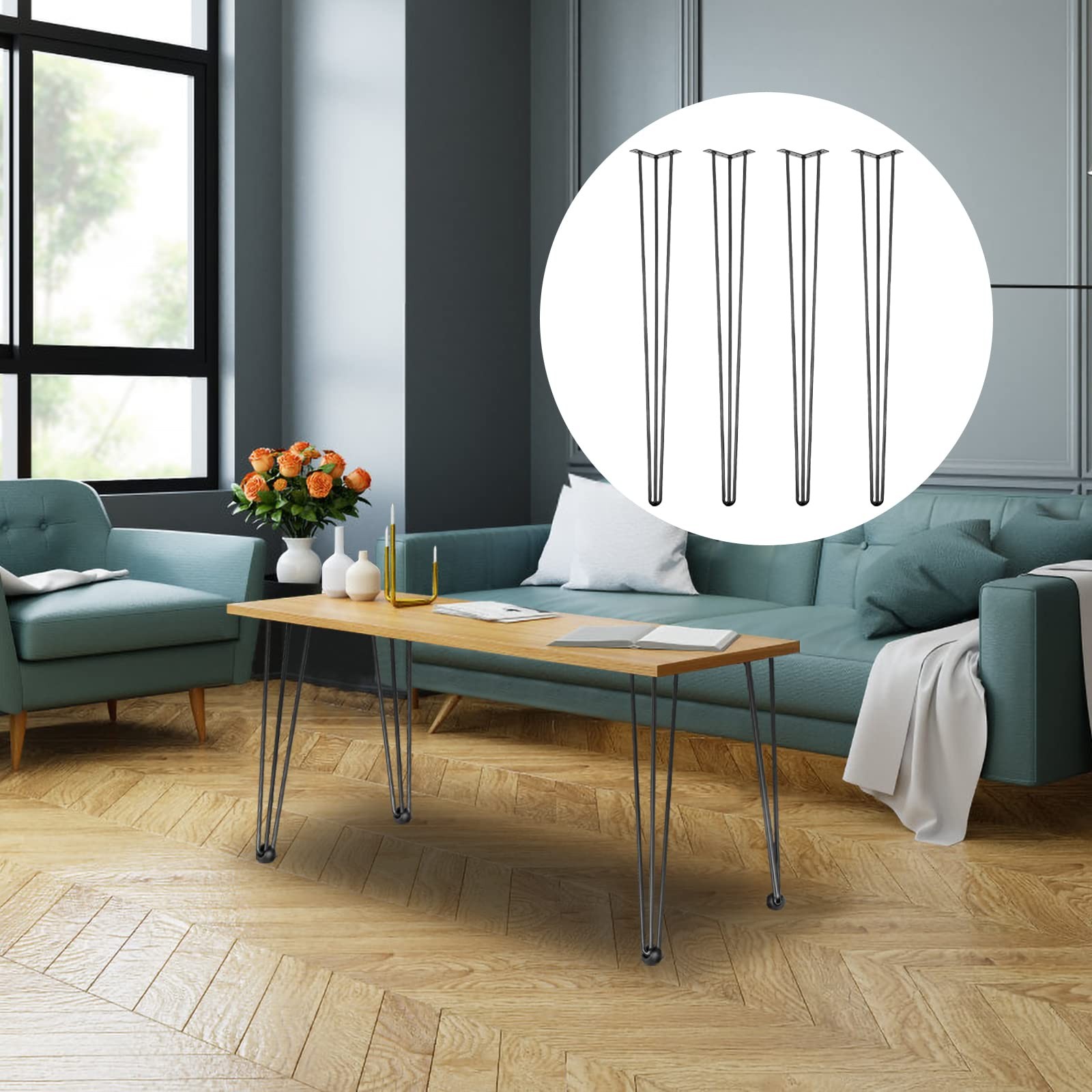 36 Inch Black Hairpin Table Legs Set of 4 Durable Steel for DIY Furniture Pro...