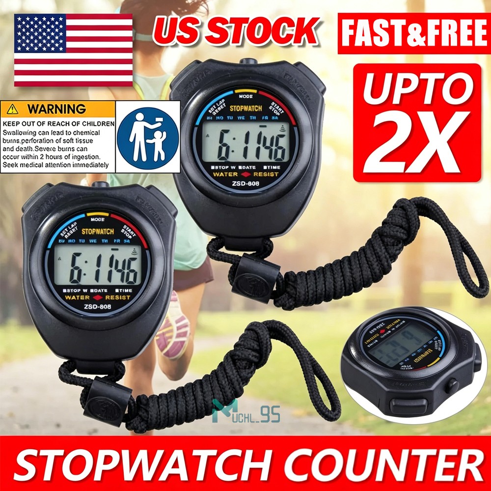 2PCS SET Digital Stopwatch Sports Counter Chronograph Date Timer Odometer Watch