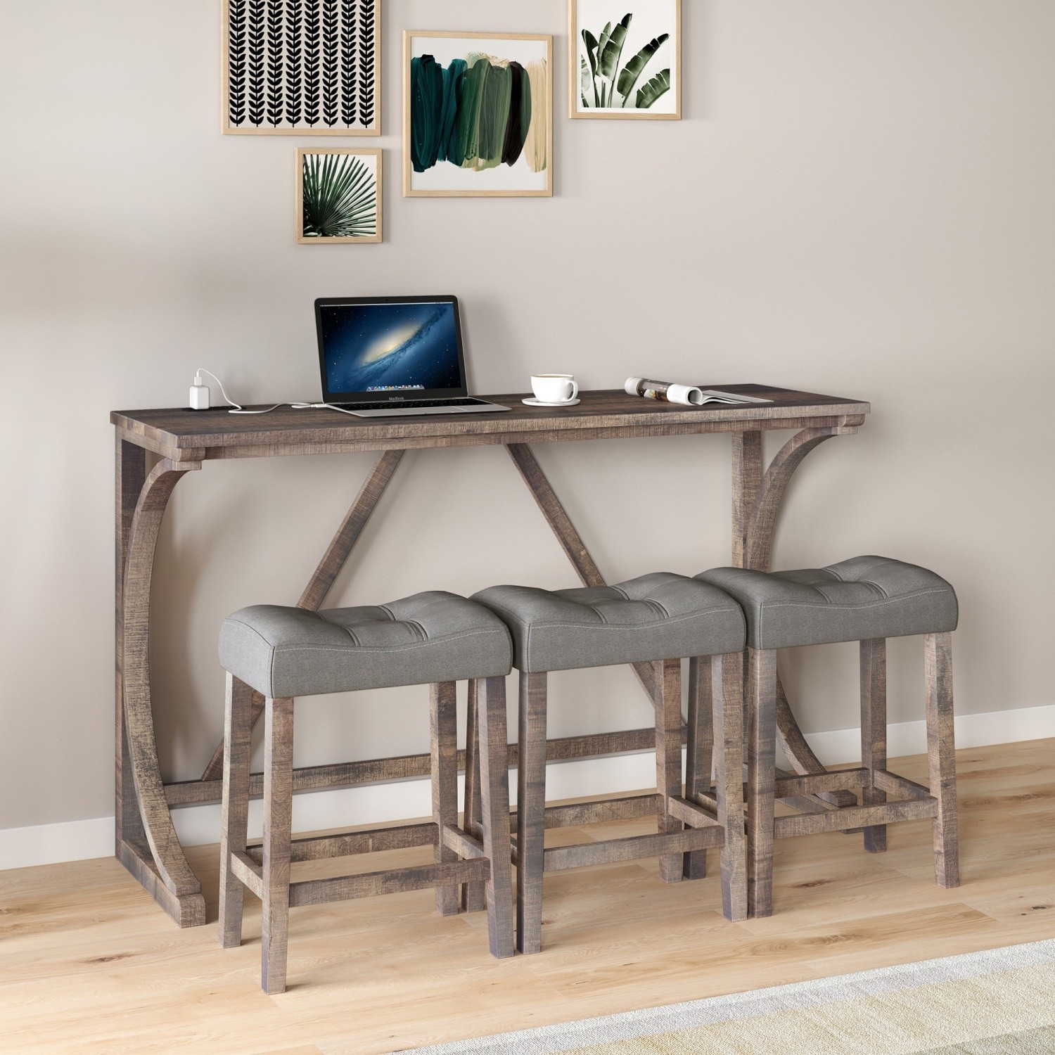 Modern 4 Piece Bar Table Set w/ 3 Saddle Bar Stools & USB Port for Small Spaces