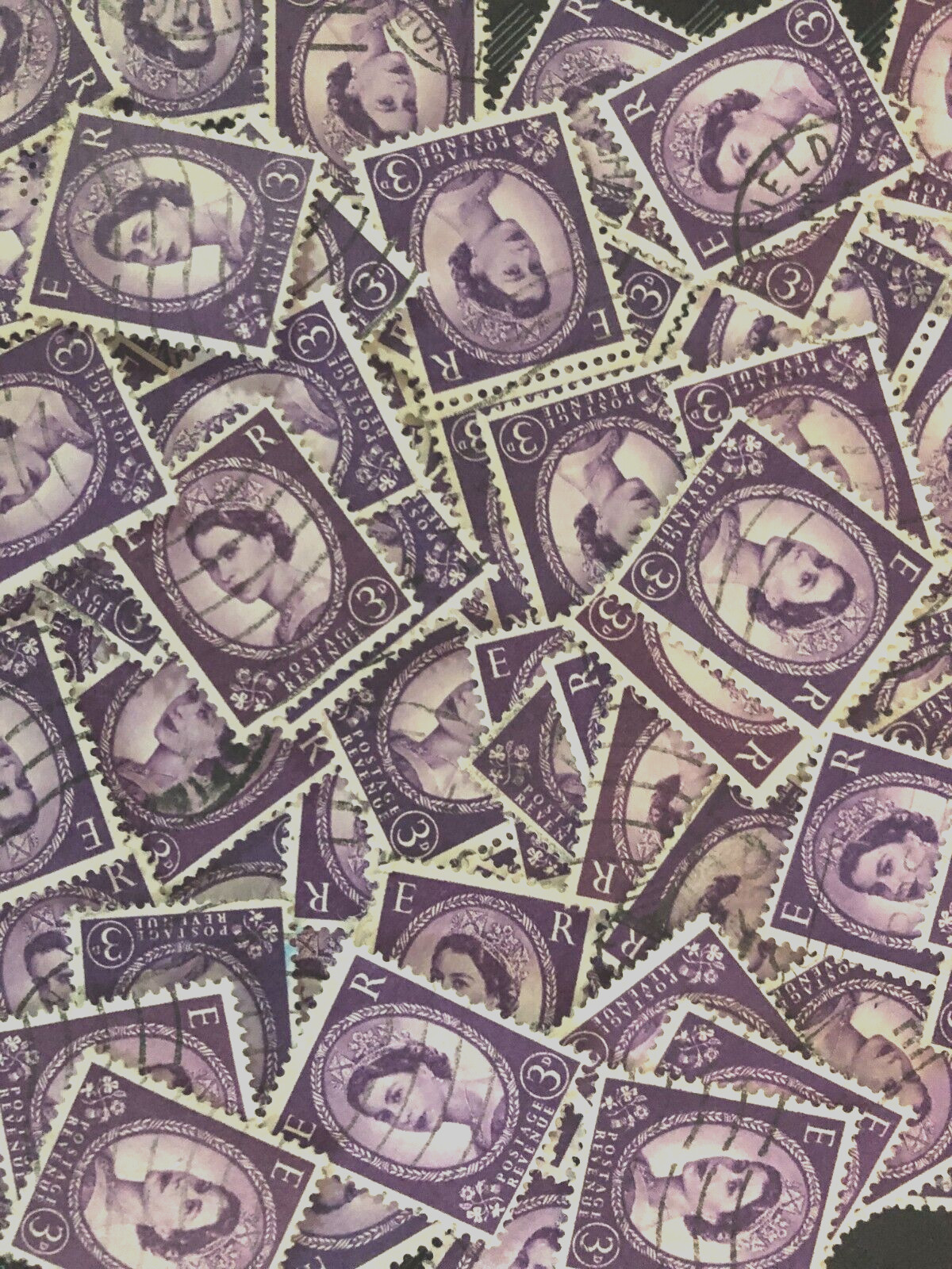 1000 Purple 3d British Vintage Wildings Stamps for Art/Crafts, used off paper
