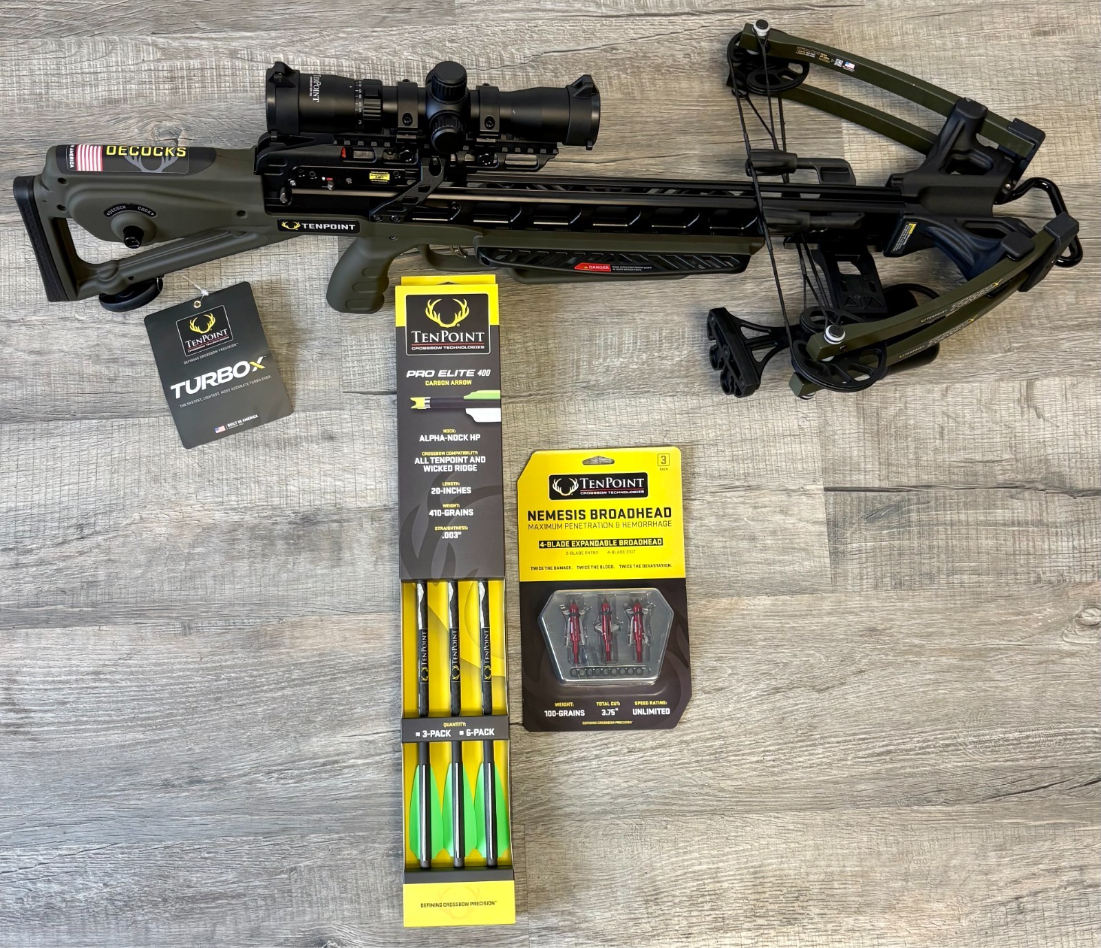 TenPoint Turbo X Crossbow Moss Green Bolts and Broadheads - Sighted In - New