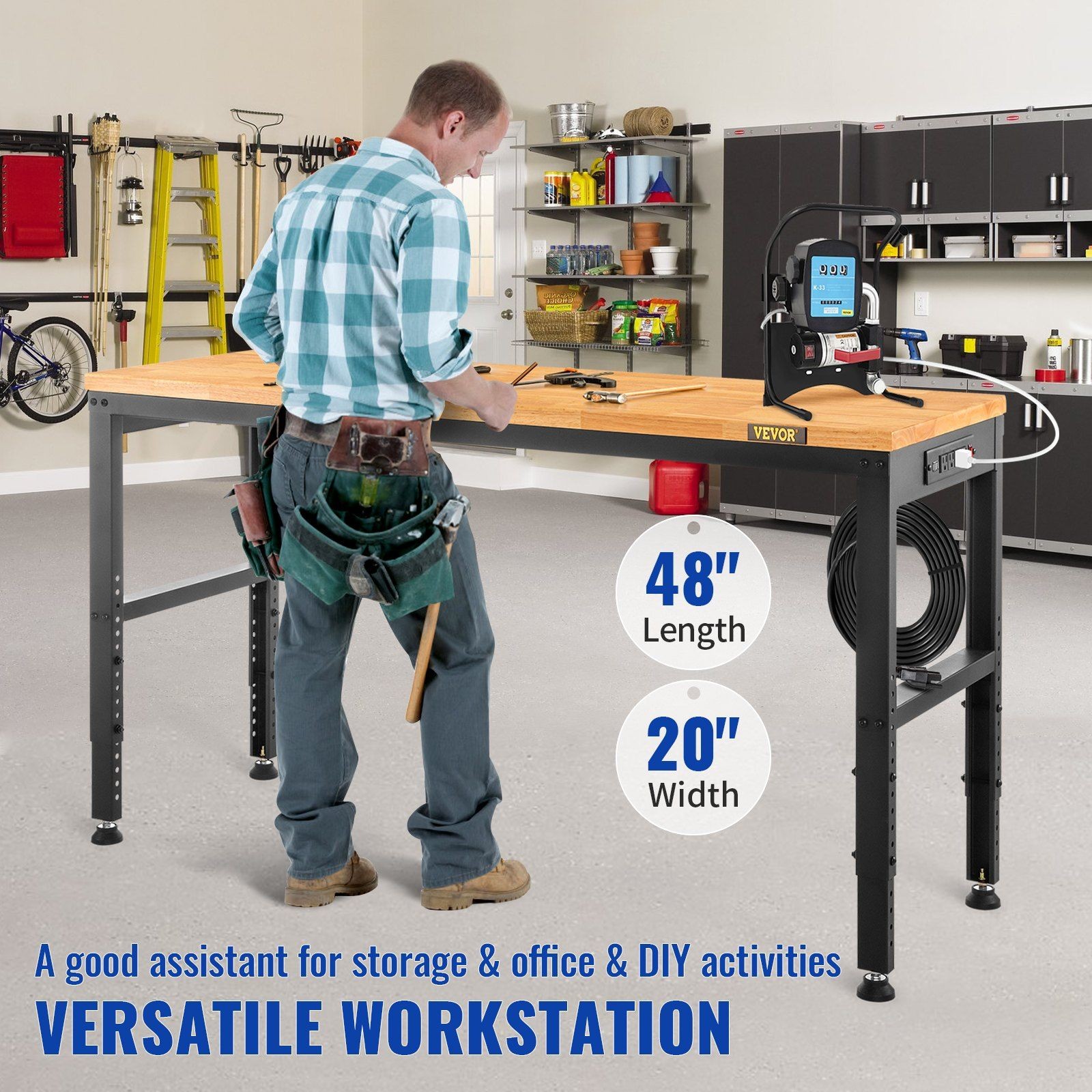 48" Workbench 2000LBS Capacity Adjustable Height w/ Power Outlets Hardwood Top