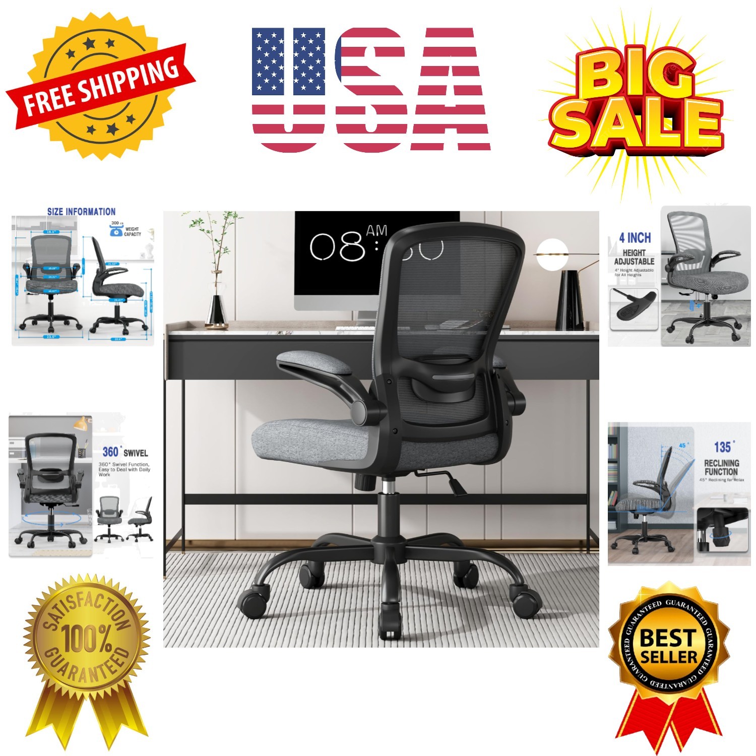 Ergonomic Office Chair - Desk Chair with Flip-up Armrests & 135° Recline, Adj...