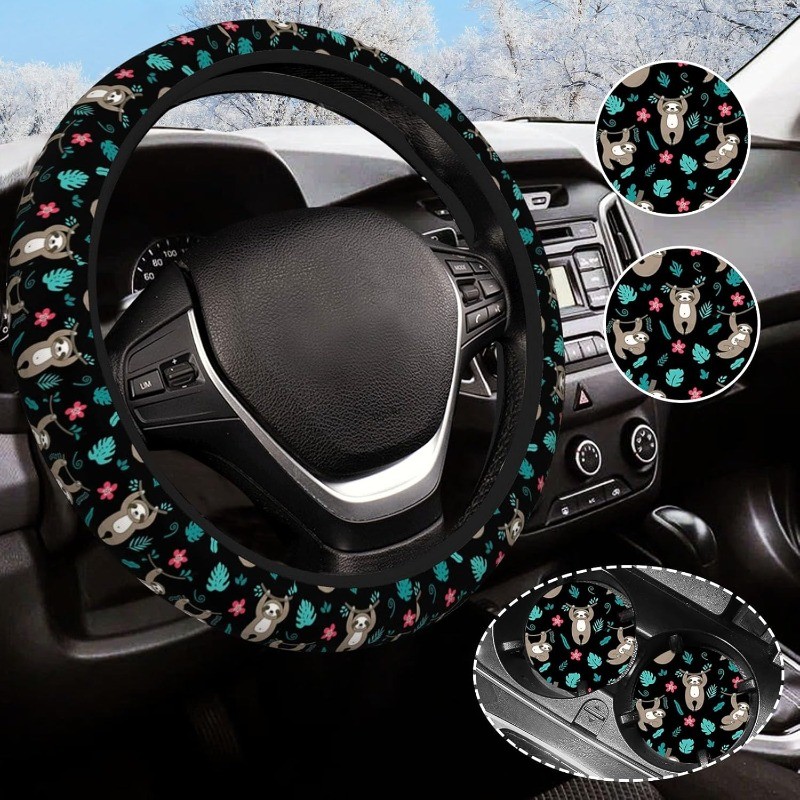 Cute Sloth Steering Wheel Cover Anti-Slip 15" Universal with 2 Coasters