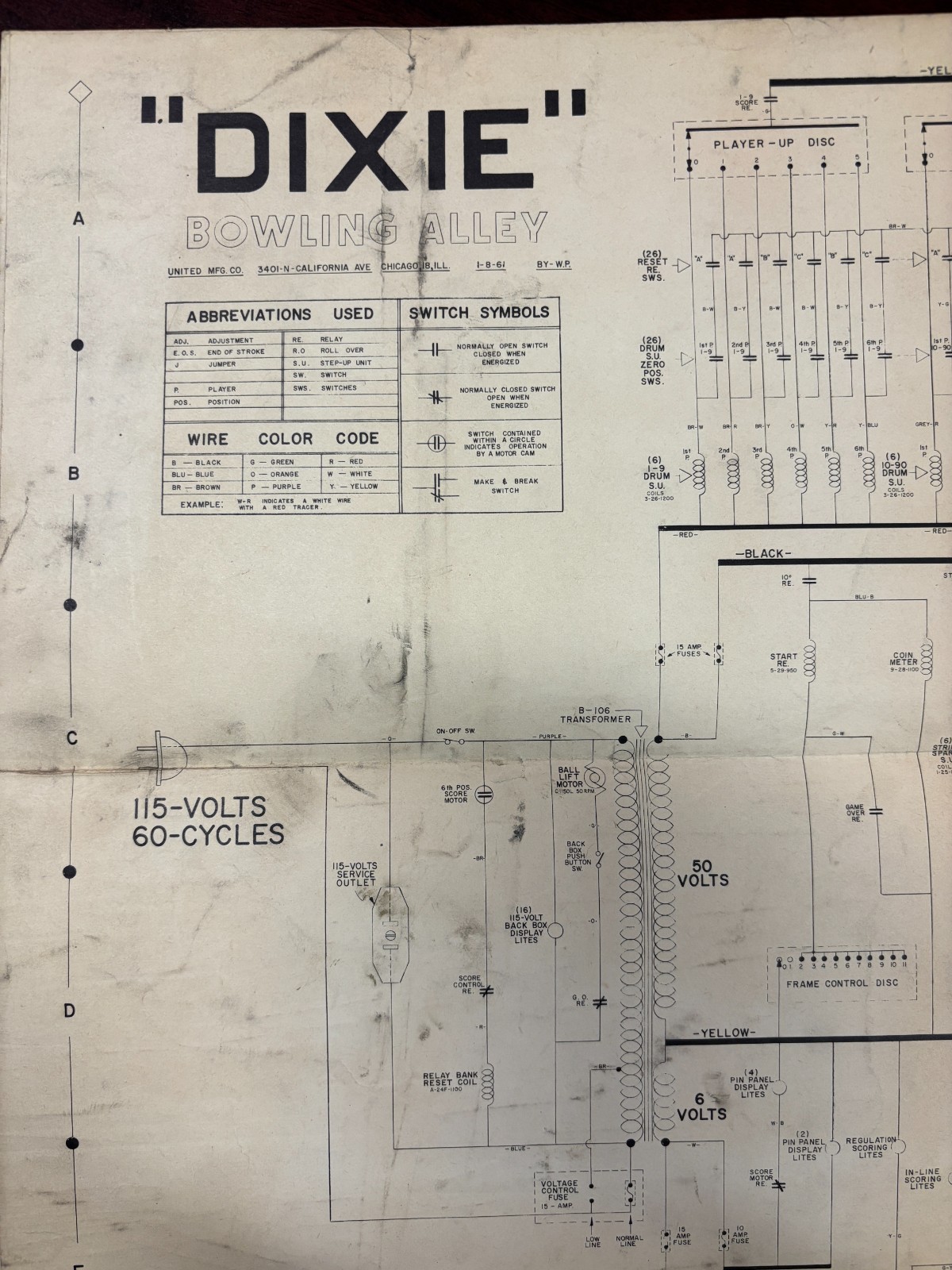ORIGINAL-UNITED MFG-DIXIE BOWLING ALLEY-SCHEMATICS