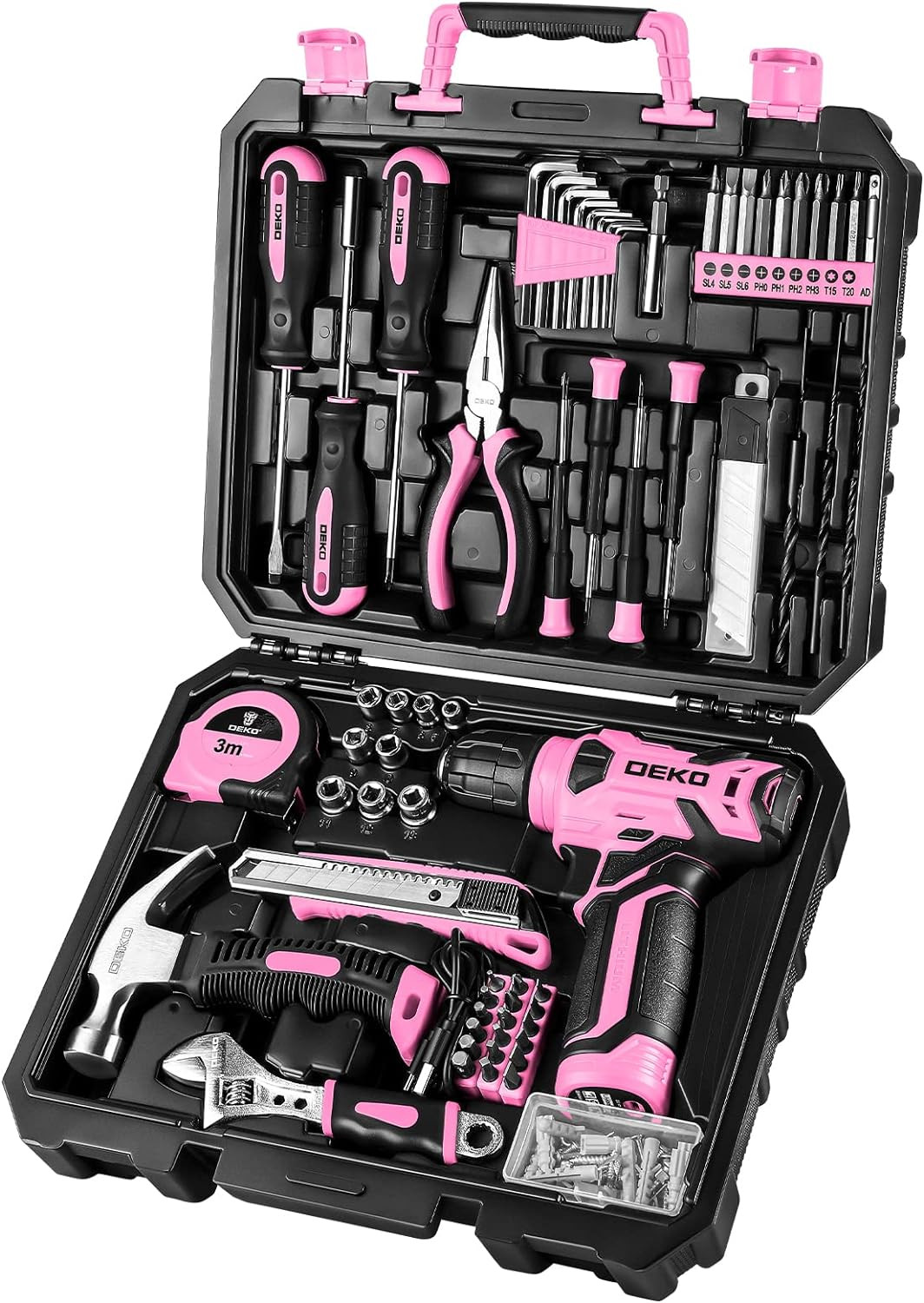 126PC Drill Set, Home Tool Set w/ 8V Pink Cordless Drill,Hand Tool Kit for Women