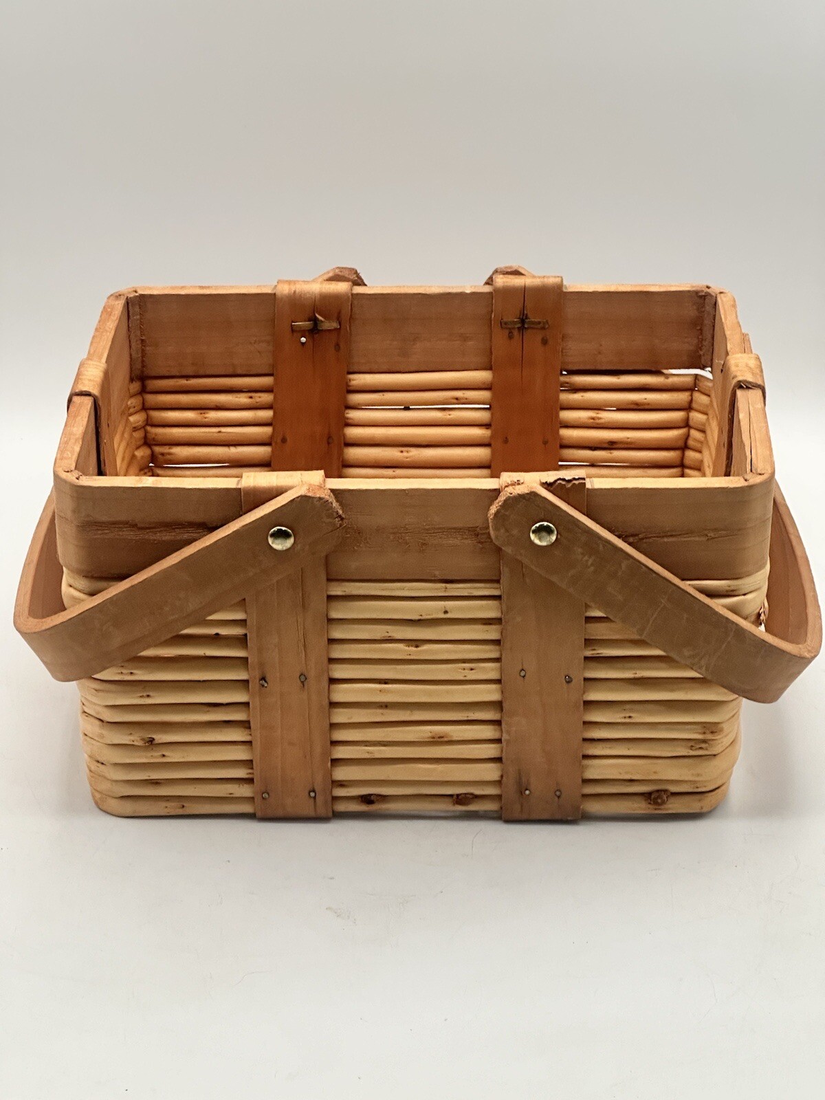 Vintage Woven Wood Gathering Basket With Folding Handles