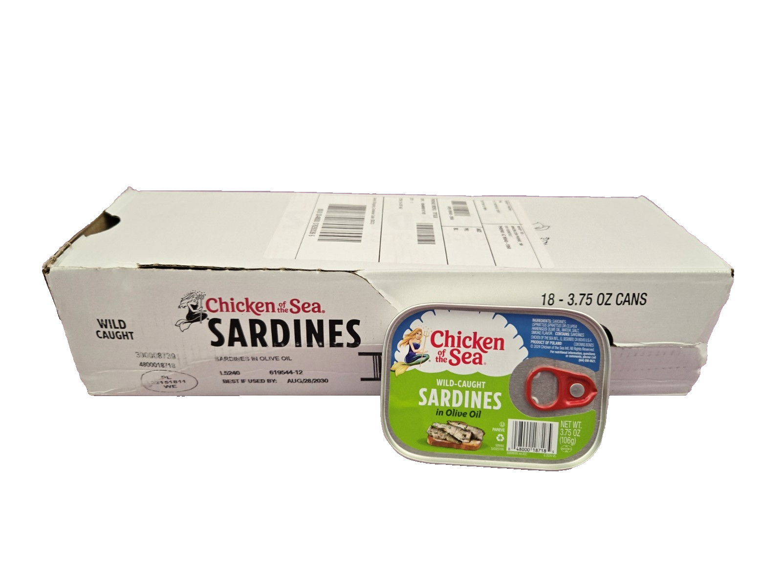 Sardines in Olive Oil 18 Cans Case 3.75 oz Chicken of the Sea Wild Caught 8/2030