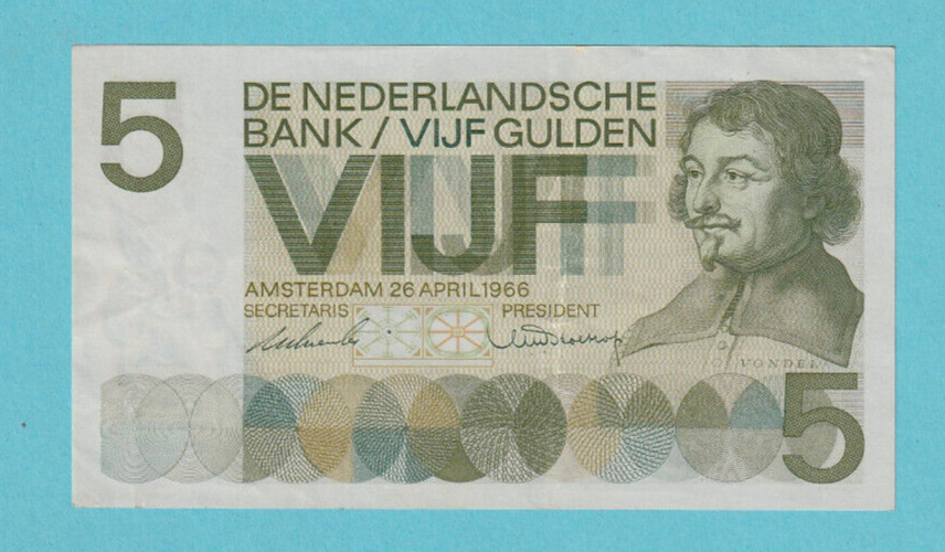 NETHERLANDS - 5 Gulden Banknote 1966 VONDEL First type in XF condition - LOOK!!