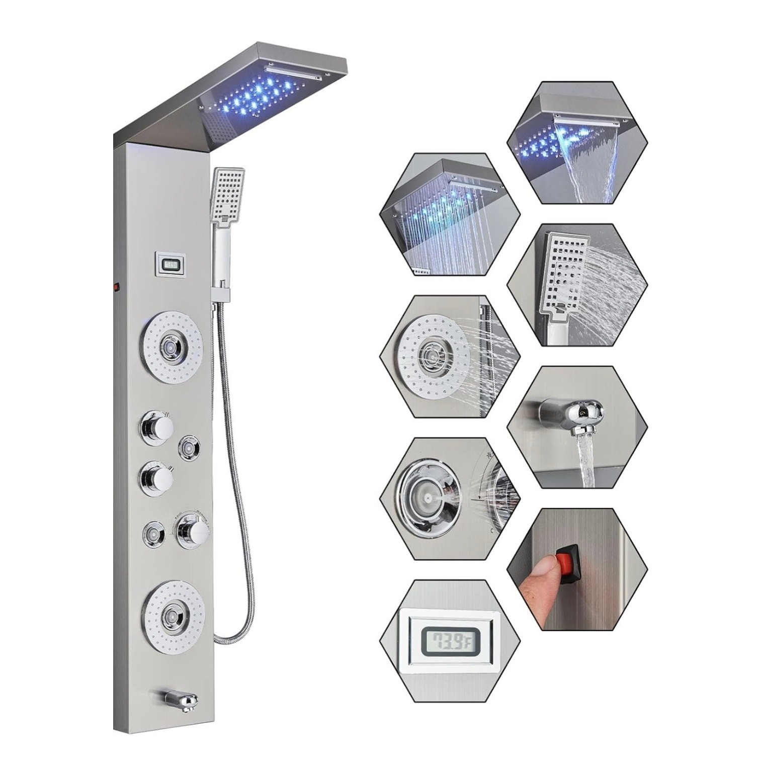 6-Function LED Shower Panel Tower Rainfall Jets Brushed Nickel. New/Open Box