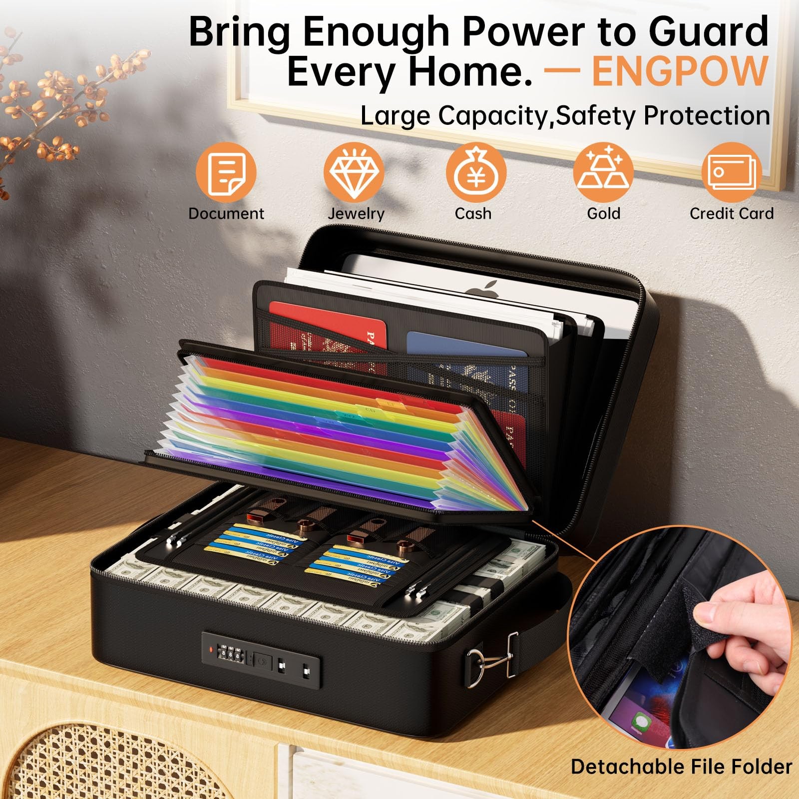 ENGPOW Fireproof Document Box with Lock, 15.7 x 11.8 x 6.8 inches, Black