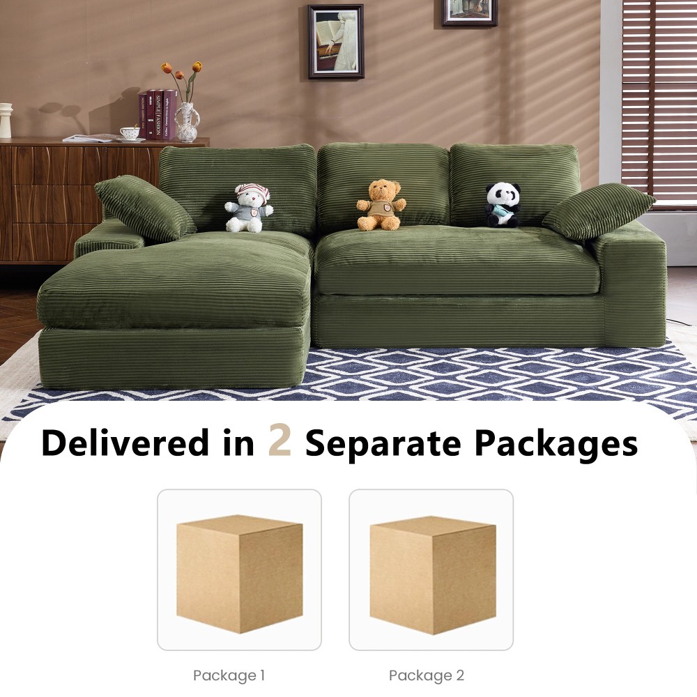 Green Corduroy Sofa w/ Back Cushions & Throw Pillows, Medium-Soft Foam Seat