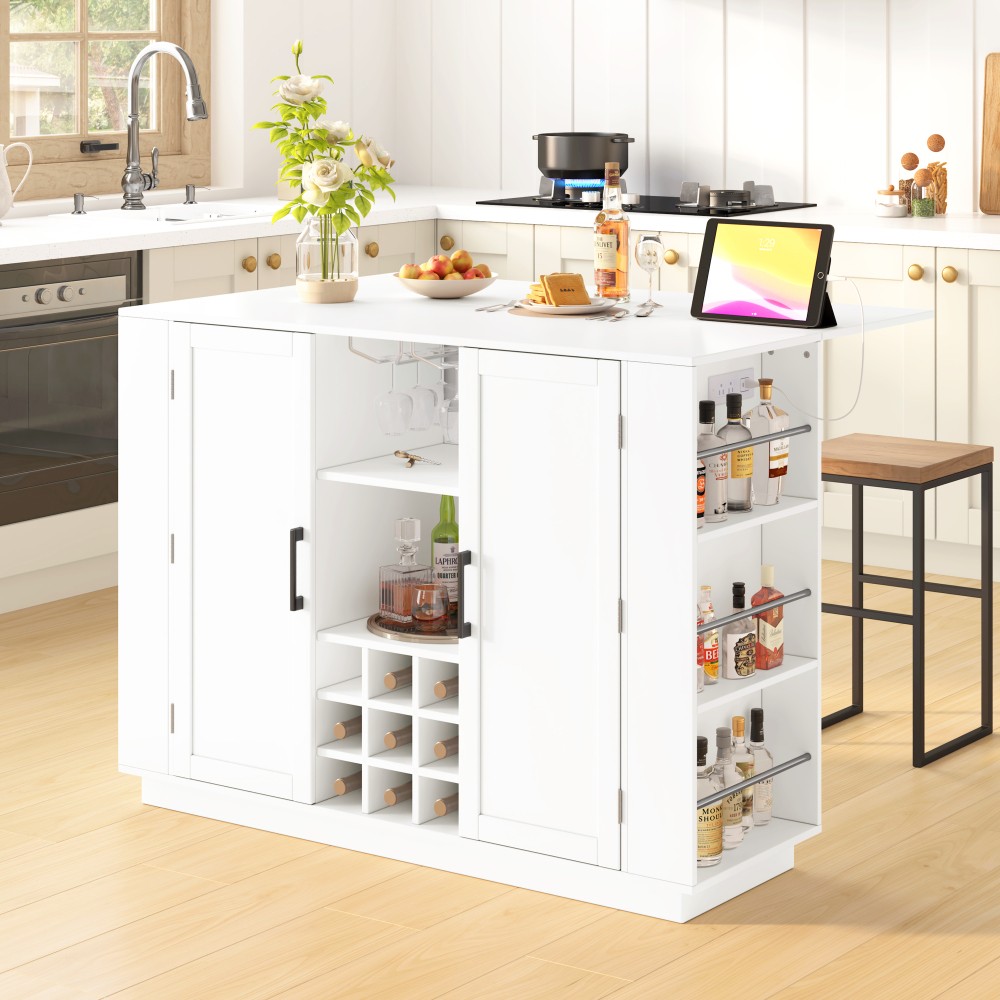 Kitchen Island with Drop Leaf, Power Outlet, Wine Rack & Cabinet