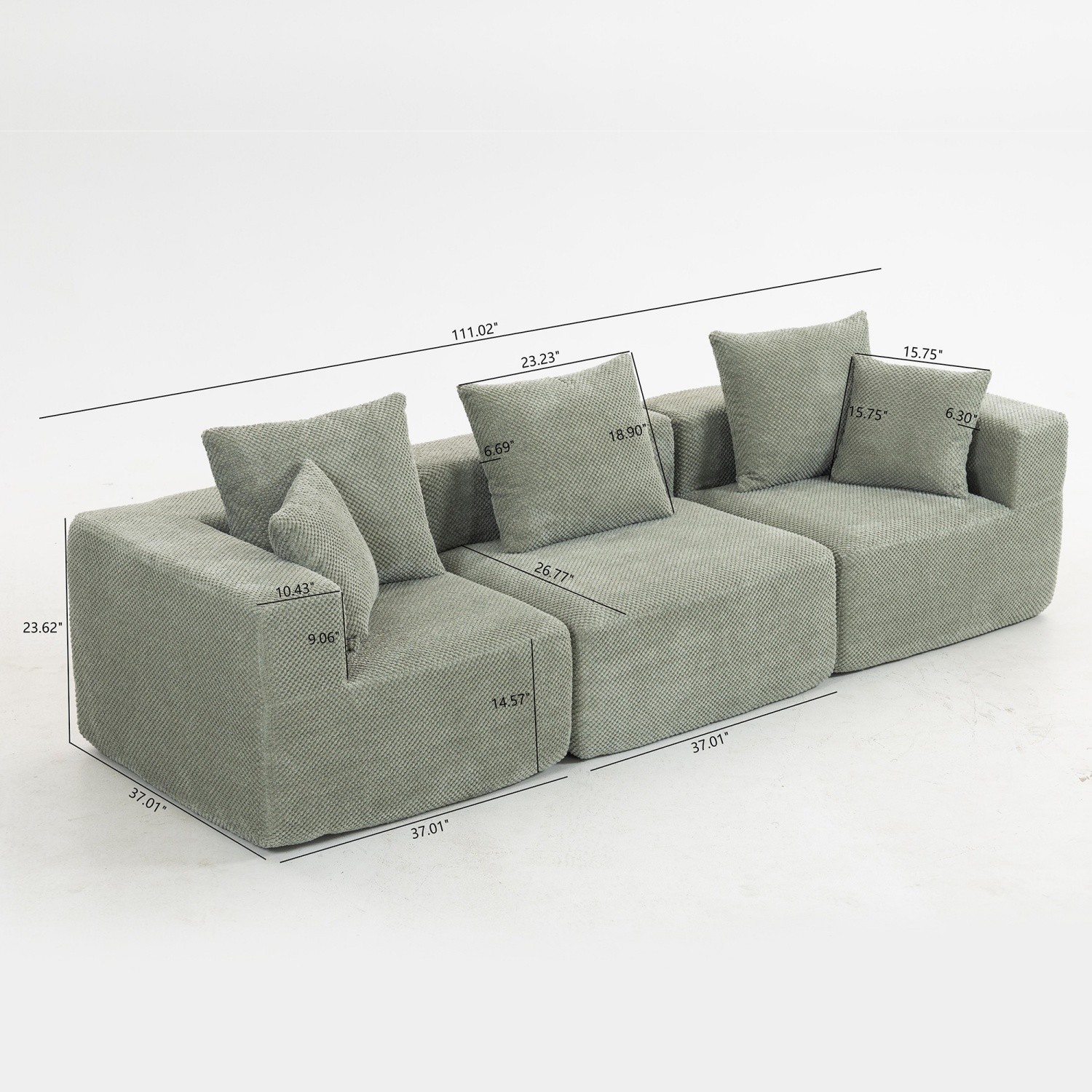 Modern Modular 3-Seat Sectional Sofa All-Foam Deep-Seat Couch for Small Spaces