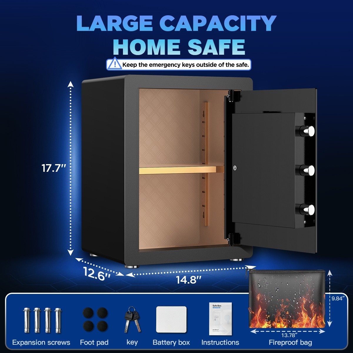TNTANTS 3.8 Cuft Large Safe Box With Digital Keypad Fireproof Bag Alarm System