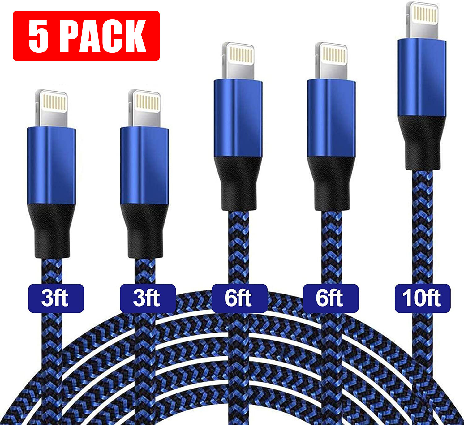 5-Pack Fast Charger Cable Heavy Duty For iPhone 14 13 12 11 XR 8 7 Charging Cord