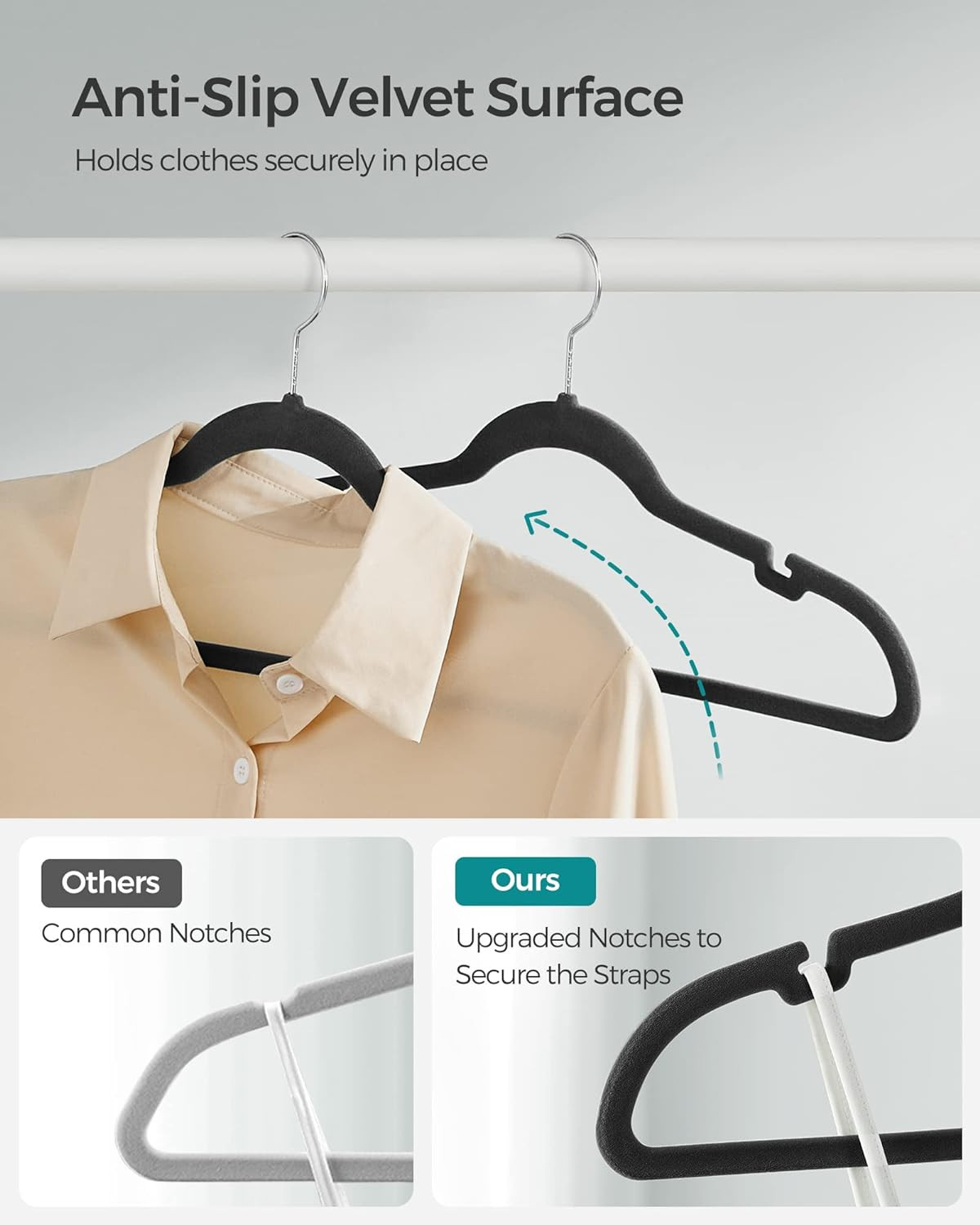 Velvet Hangers 50 Pack, Non-Slip Clothes Hangers, with Shoulder Notches, Pants B