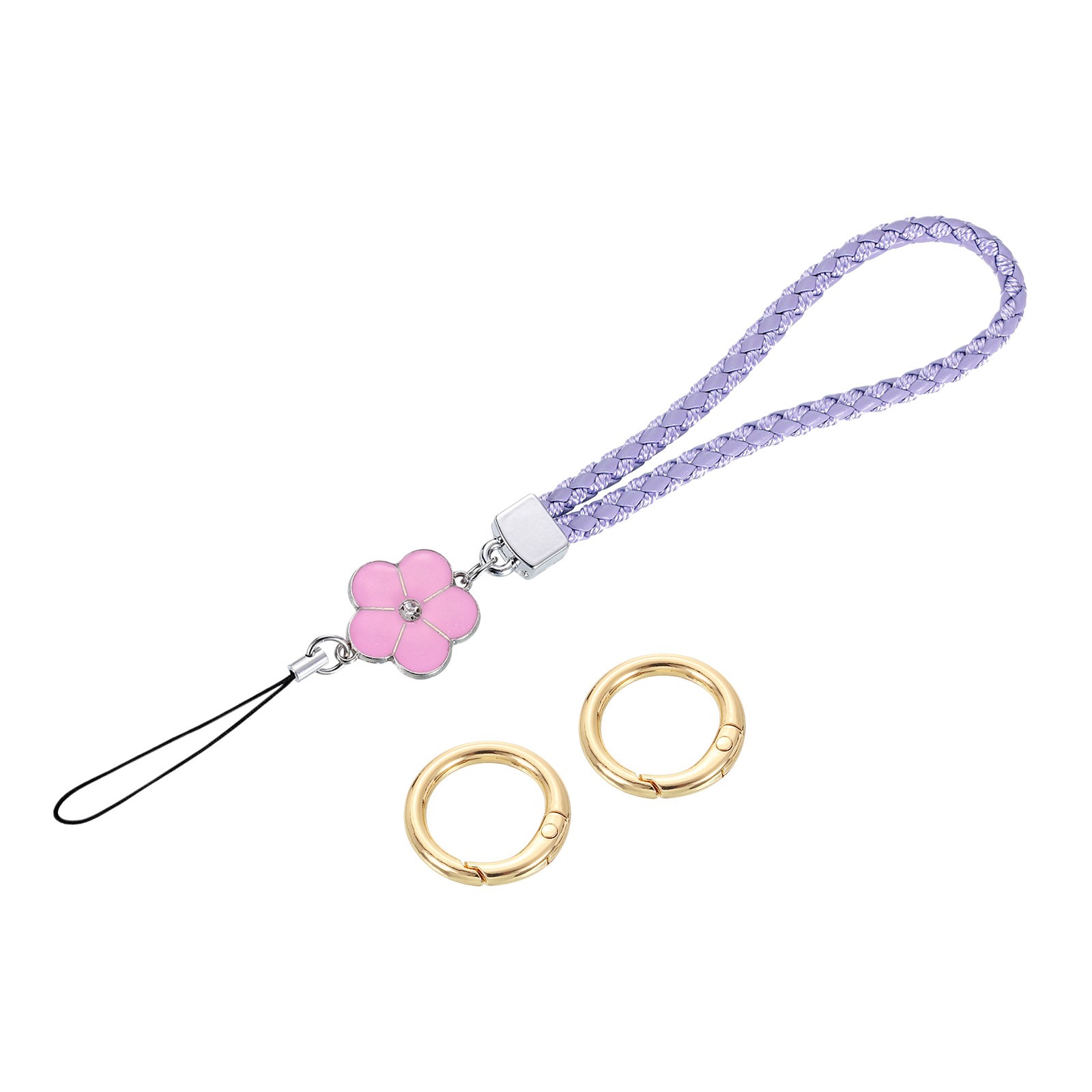 Wristlet Lanyard, 4.7" Leather Keychain Strap with Flower Charm, Purple