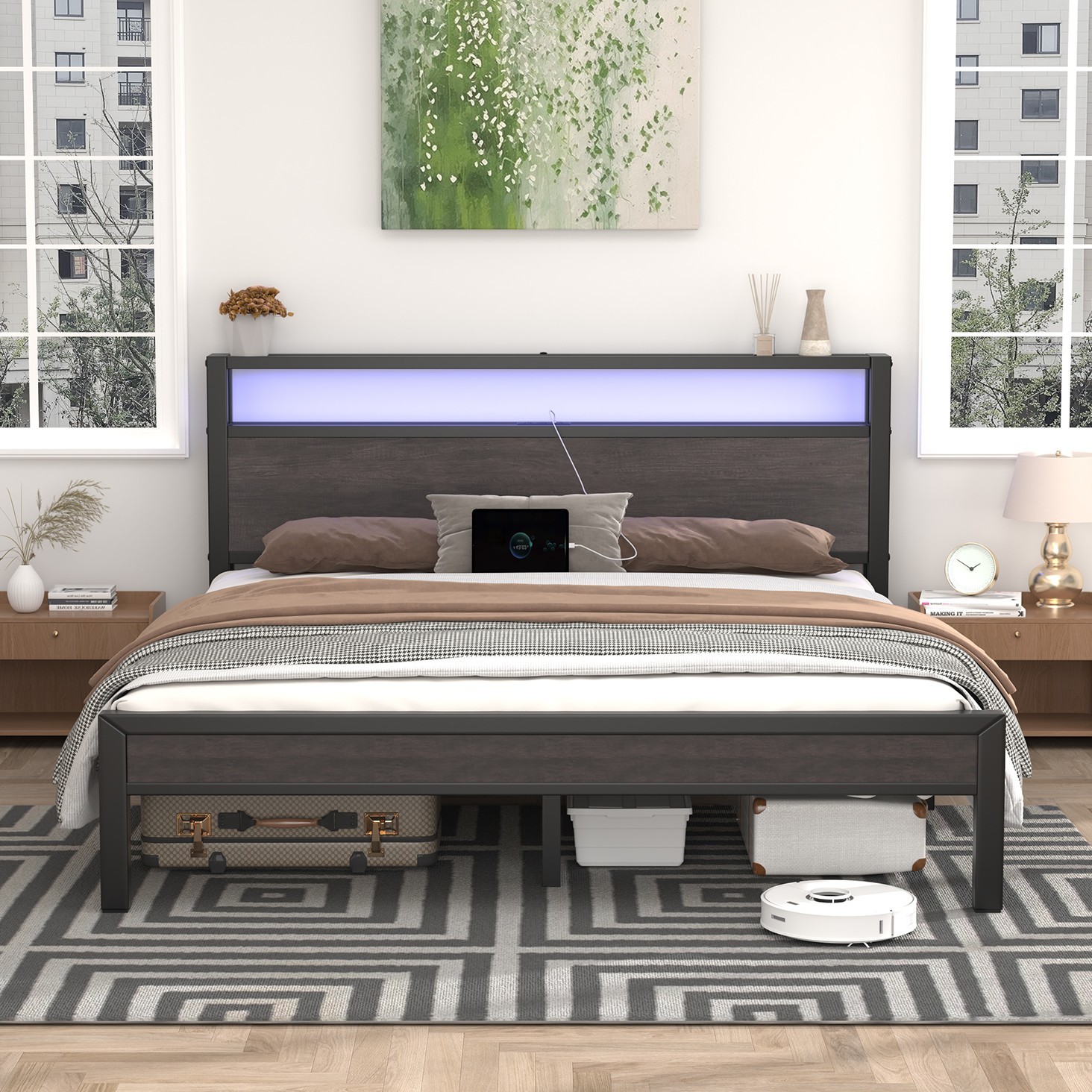 Full/Queen/King Metal Bed Frame with Storage Headboard and Charging Station