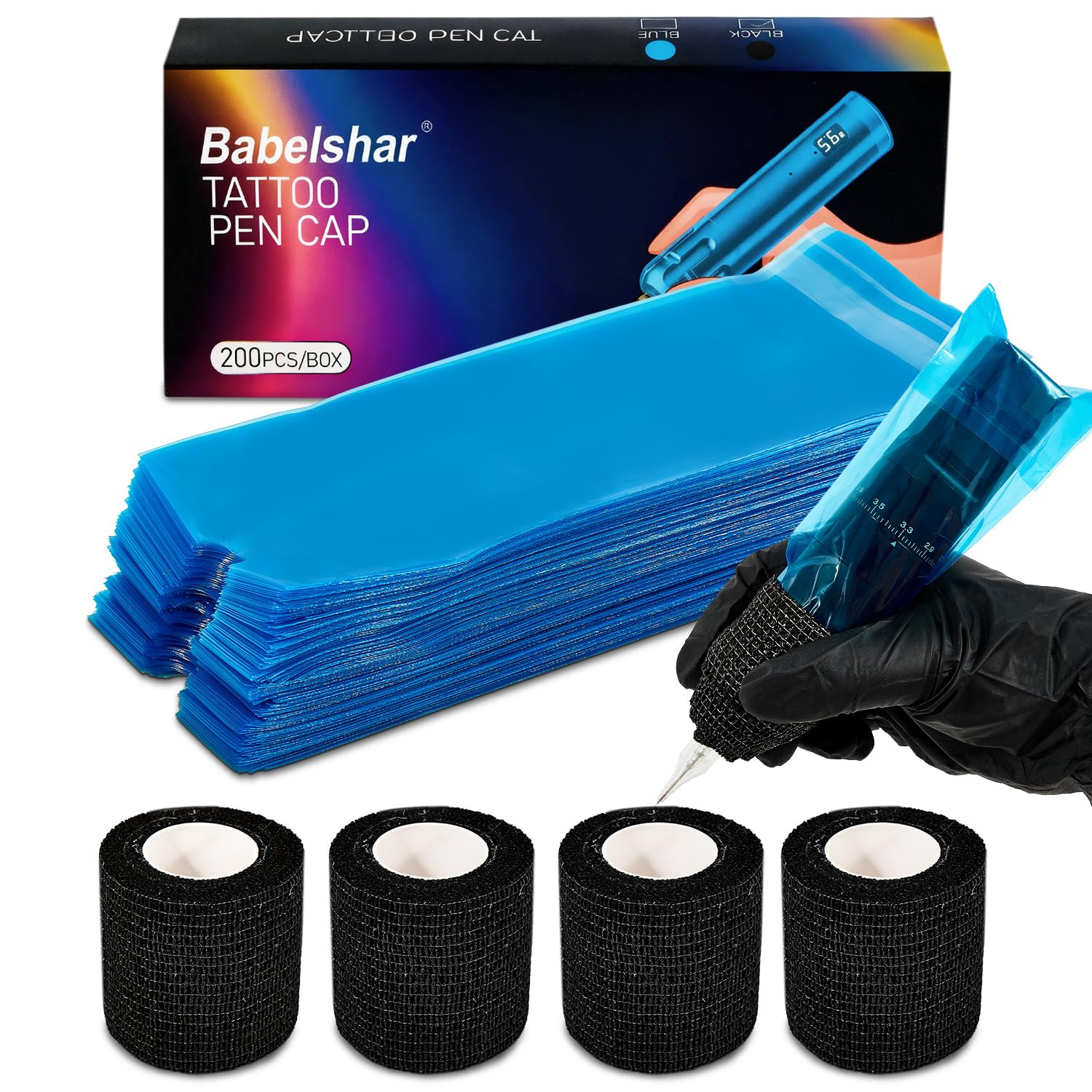 200Pcs Blue Tattoo Machine Covers & 4 Black Grip Tape, 7.2 X 2.5 Inch Disposable