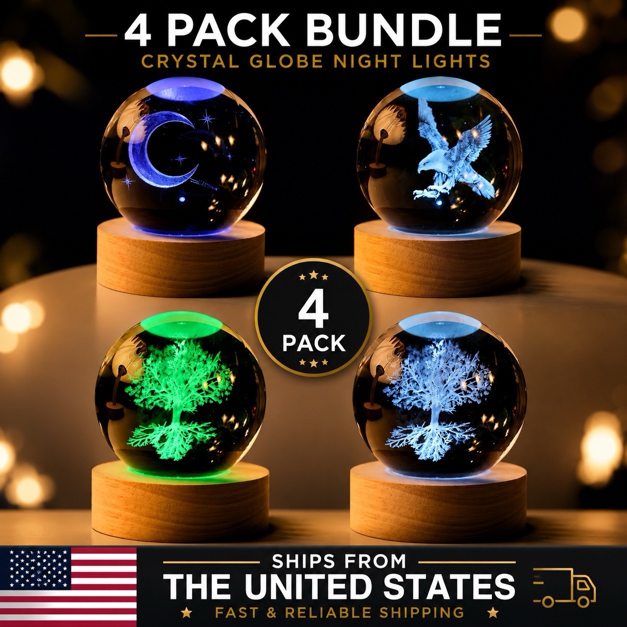 (4 PACK) BEAUTIFUL 3D Multi-Colored Laser Engraved Night Light 4 Pack Bundle