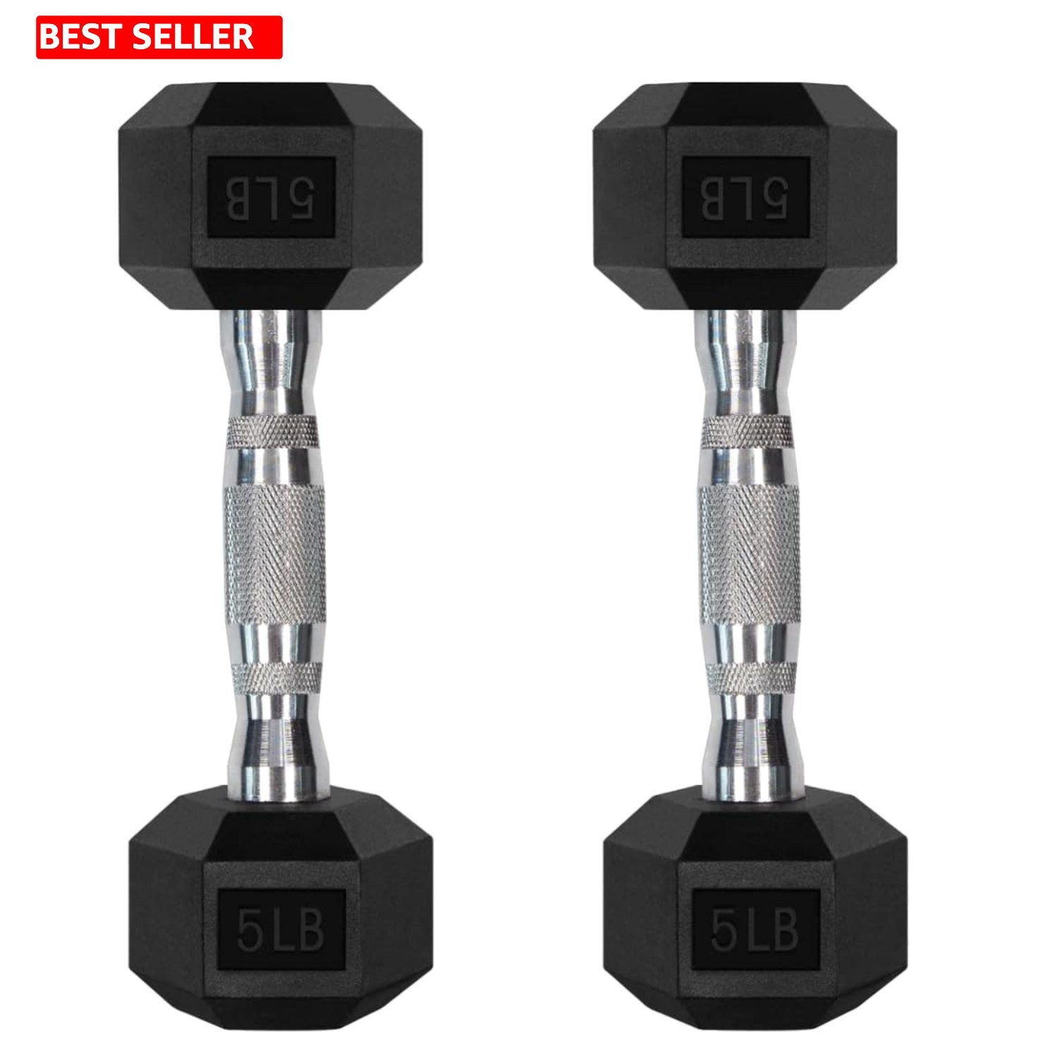 Rubber Coated Hex Dumbbell Set with Rack - 2 x 5 LB for Home Gym Training