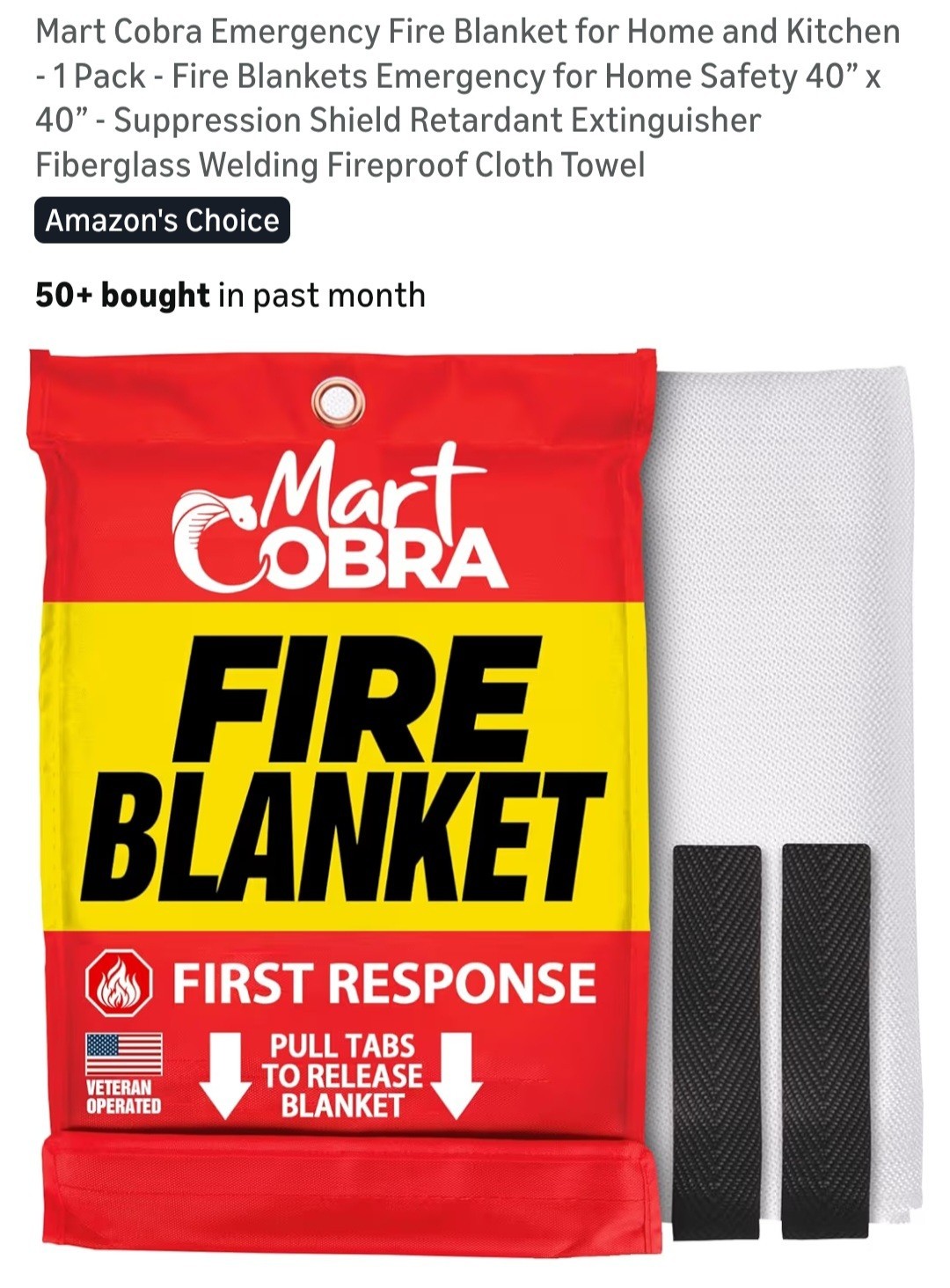 Mart Cobra Emergency Fire Blanket-1 Pk.-40"x40"-Suppression Shield-NEW