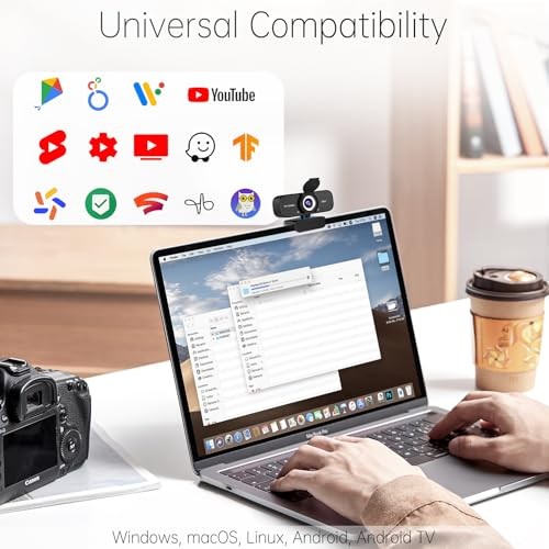 1080P HD Webcam with Noise-Canceling Mic, Auto Light Correction, Deep Black