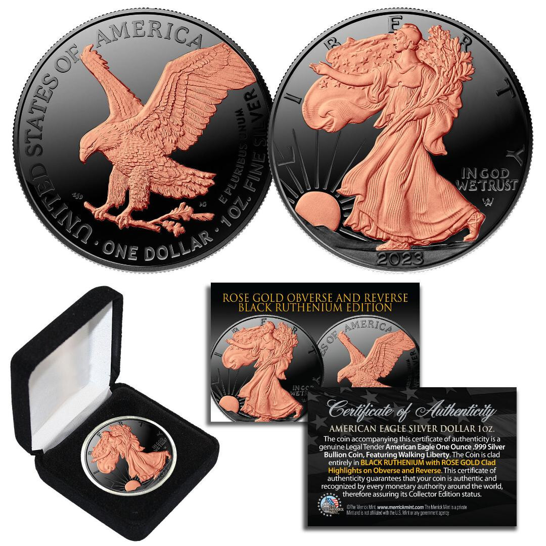 2023 BLACK RUTHENIUM 1oz Pure Fine Silver American Eagle Coin - 24K ROSE GOLD