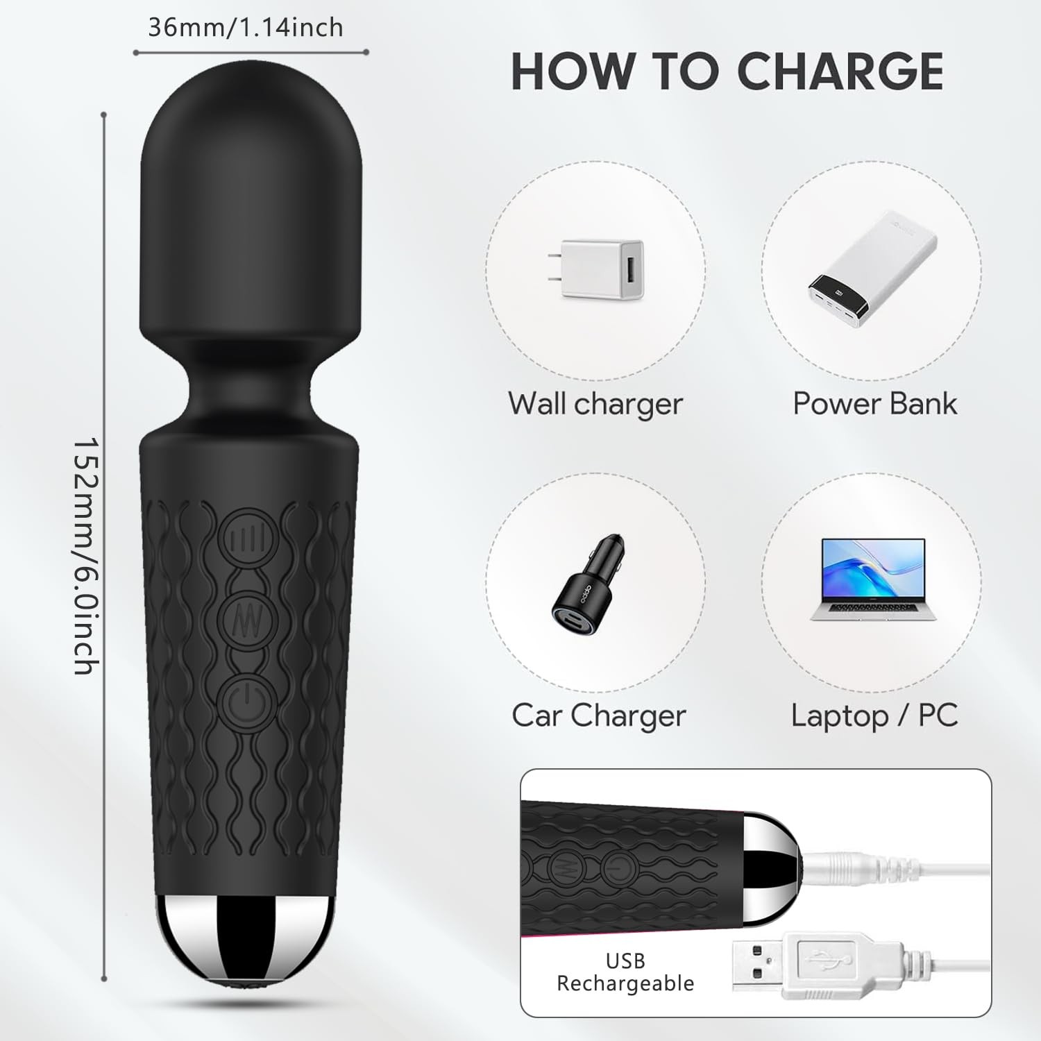 BitOffun Personal Back Massager - Handheld Waterproof & Rechargeable Black