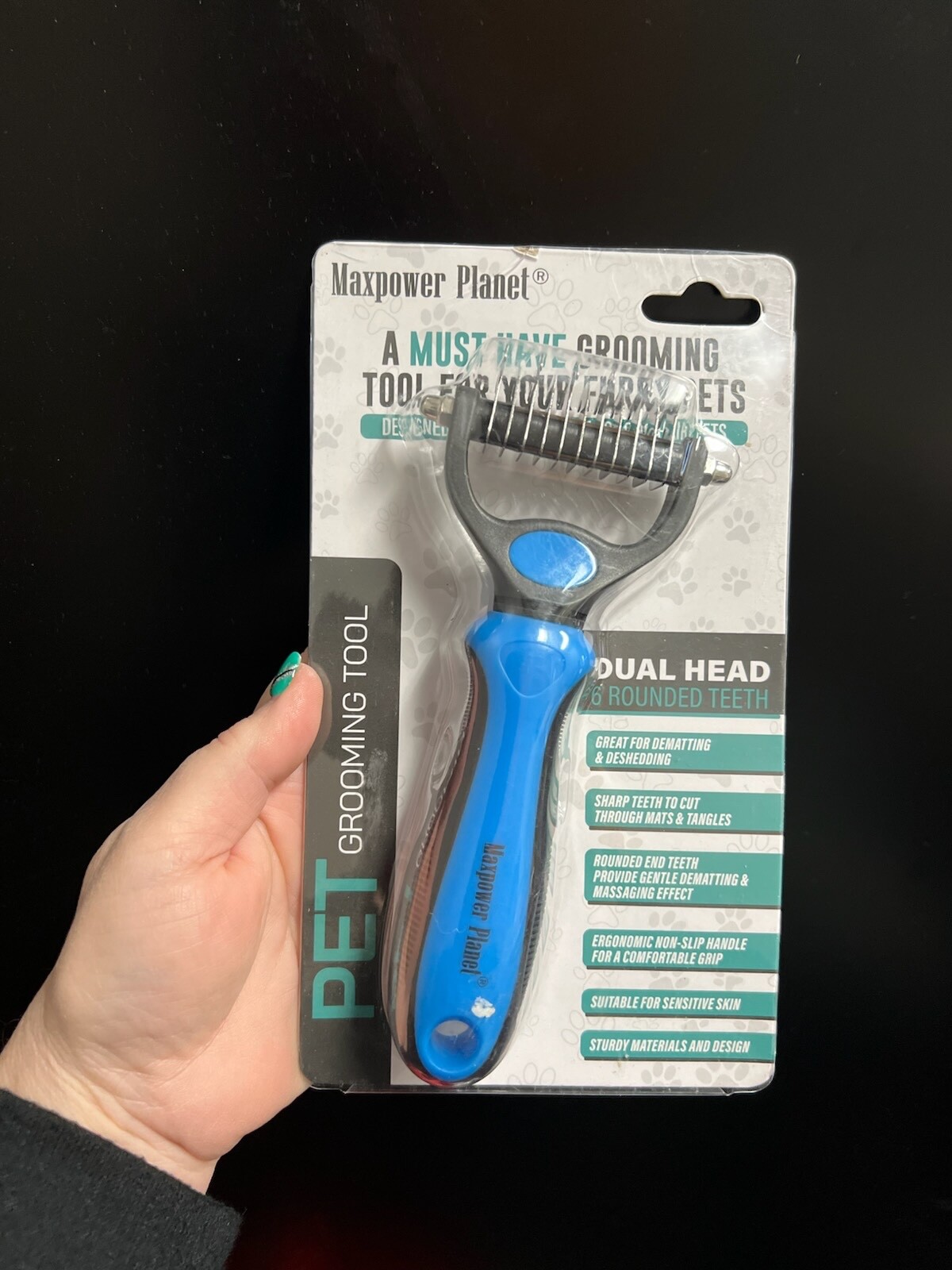 Maxpower Planet Pet Grooming Dual Head Rake - 6 Rounded Teeth - Small, Blue