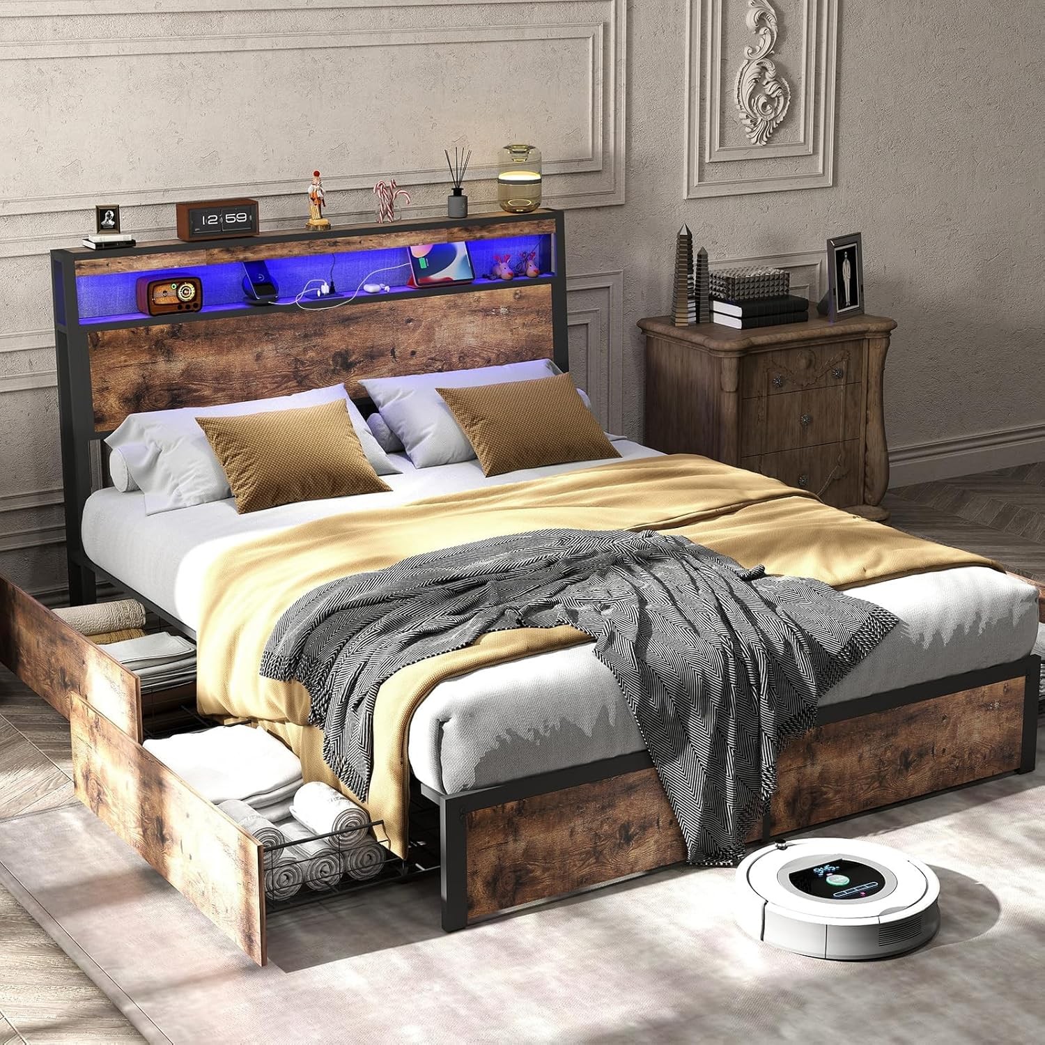 Full Size Metal Platform Bed Frame with 2Tier Storage Headboard＆Drawers