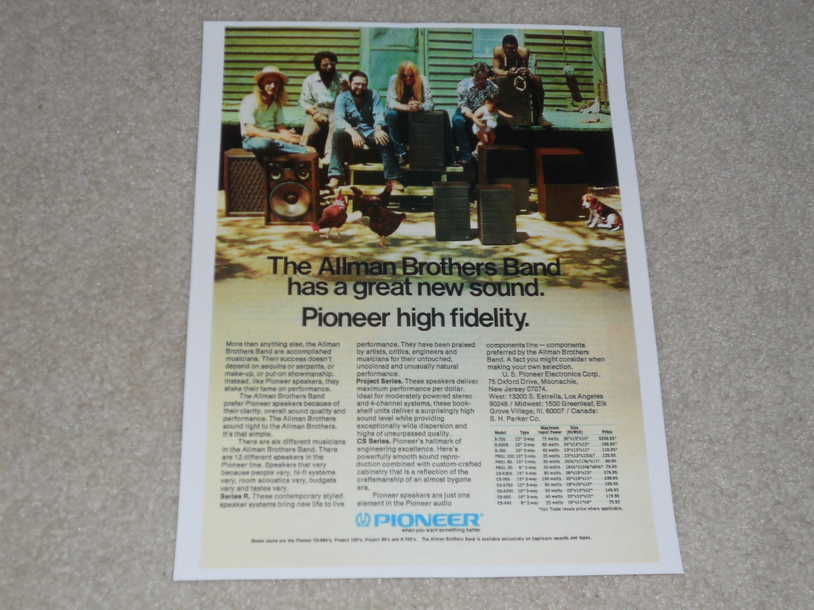 Pioneer Speaker Ad, Allman Brothers, R-700,R-500b, CS-99a, CS-A700, 1 page, 1973