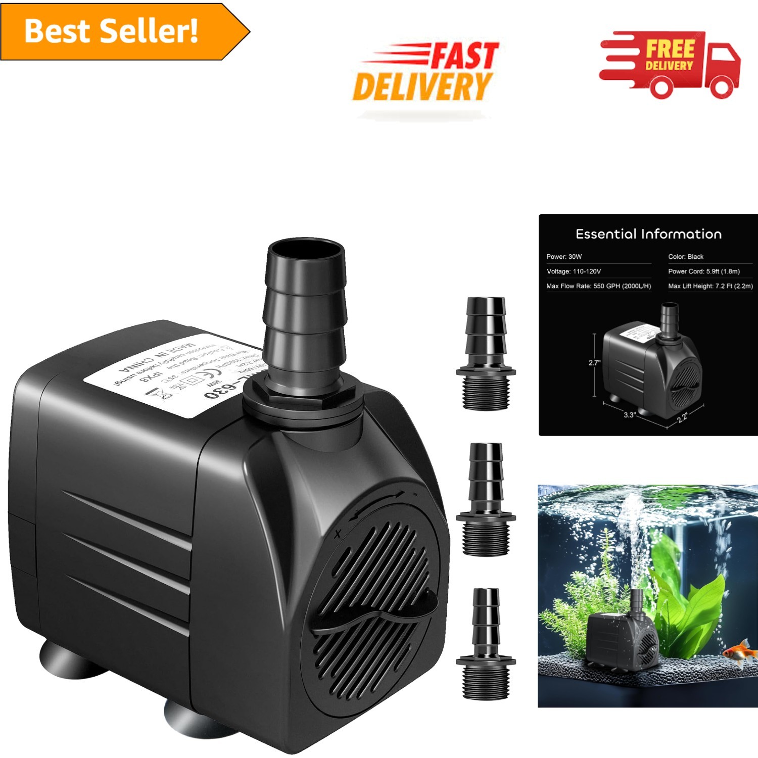 High Performance 550GPH Submersible Pump: 30W, 7.2ft Lift for Fountains & Pools