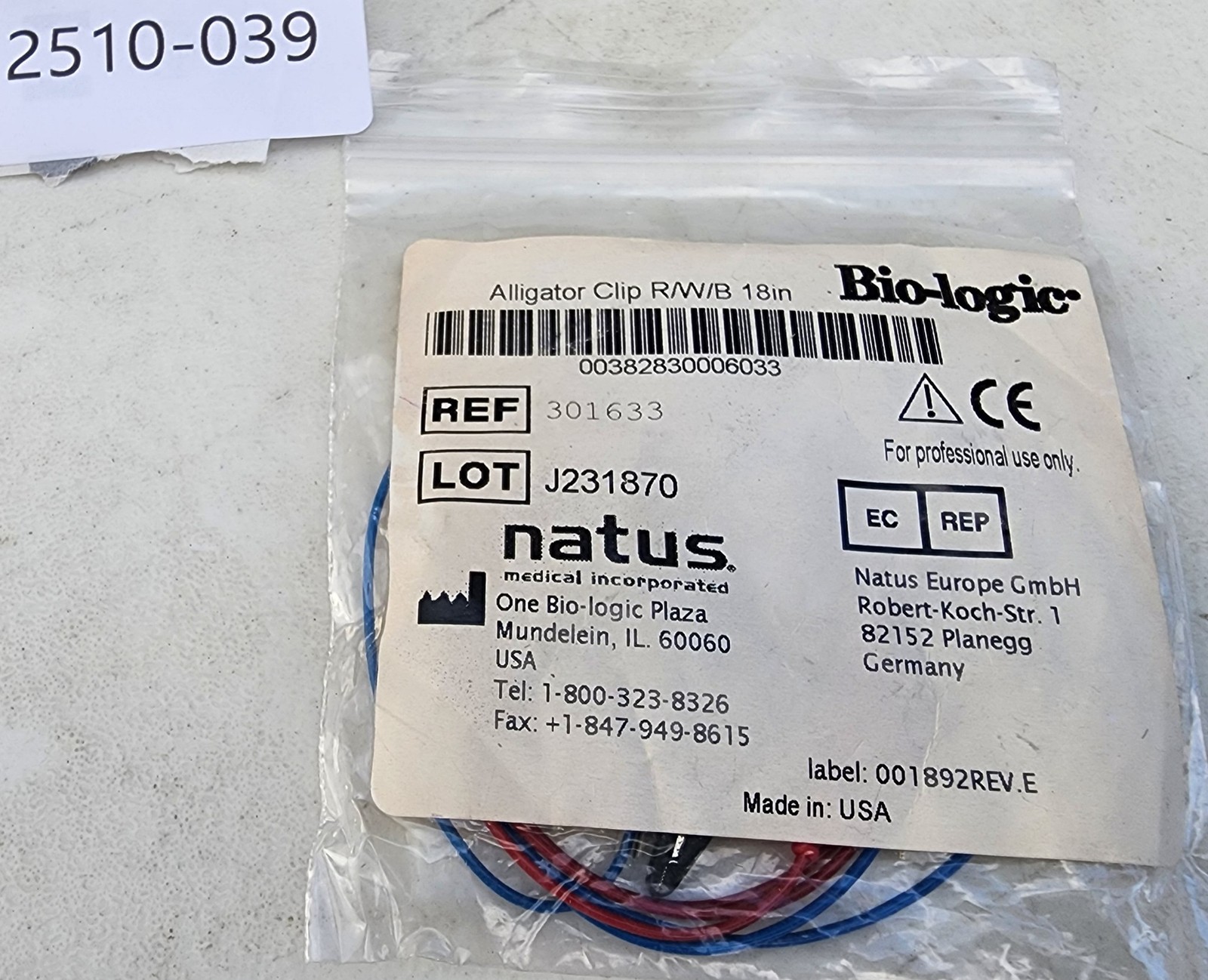 Bio-Logic 301633 Alligator Clip Leads 18in 3 Leads Red Blue and Black NOS