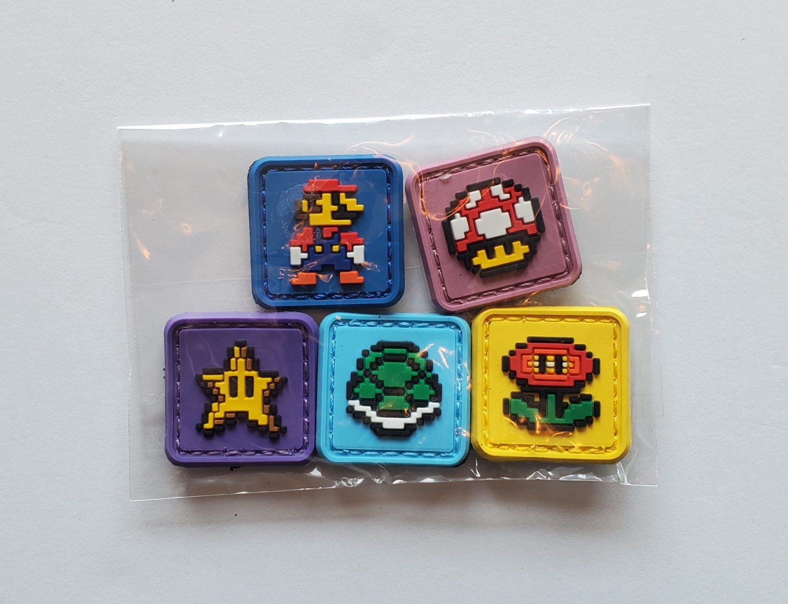 Super Mario Bros PVC Mini Morale Patch Set of Five (5) Hook & Loop Backing