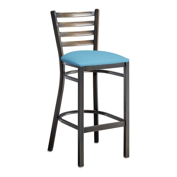 10 PACK Distressed Copper Ladder Back Metal Restaurant Barstool With Blue Vinyl
