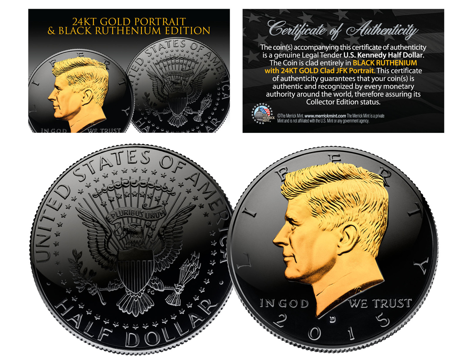 Black RUTHENIUM & 24KT Gold Clad 2015 JFK Kennedy Half Dollar U.S. Coin - D Mint