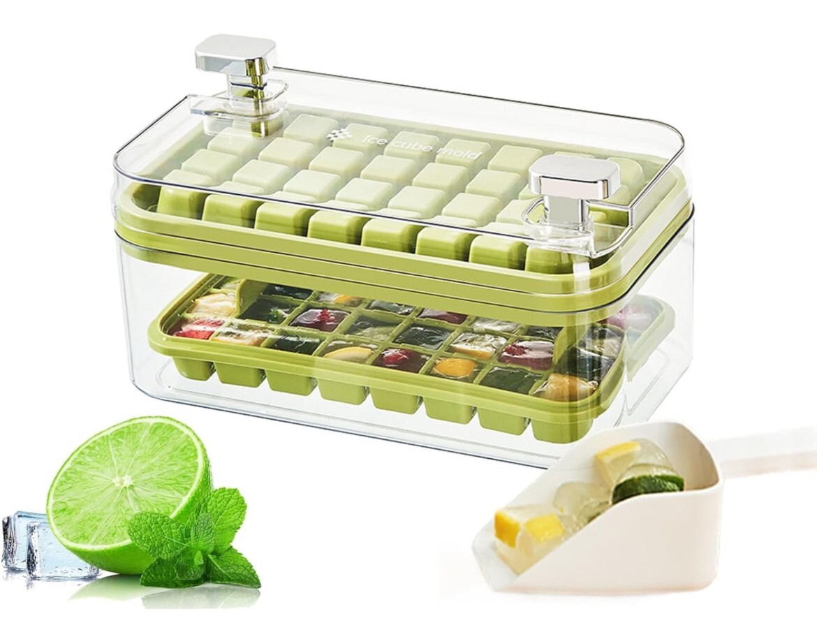 Ice Cube Tray with Lid and Bin for Freezer, 2 Pack, 64 Pcs Ice Cube Mold