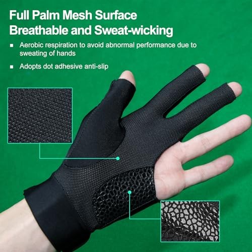 Billiard Pool Glove for Left Hand 3 Finger, Durable Double Medium Black
