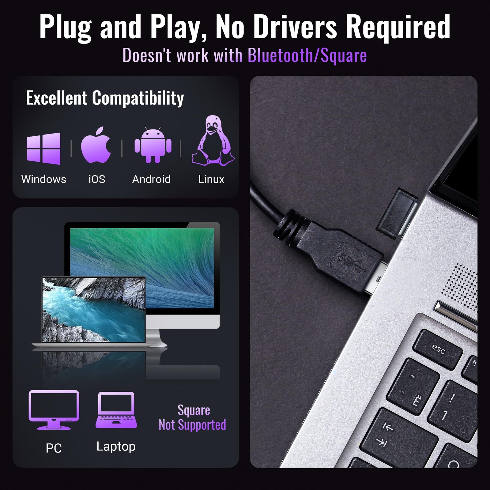 Tera Barcode Scanner Wireless Versatile 2-in-1 (2.4Ghz 1D Purple, Purple