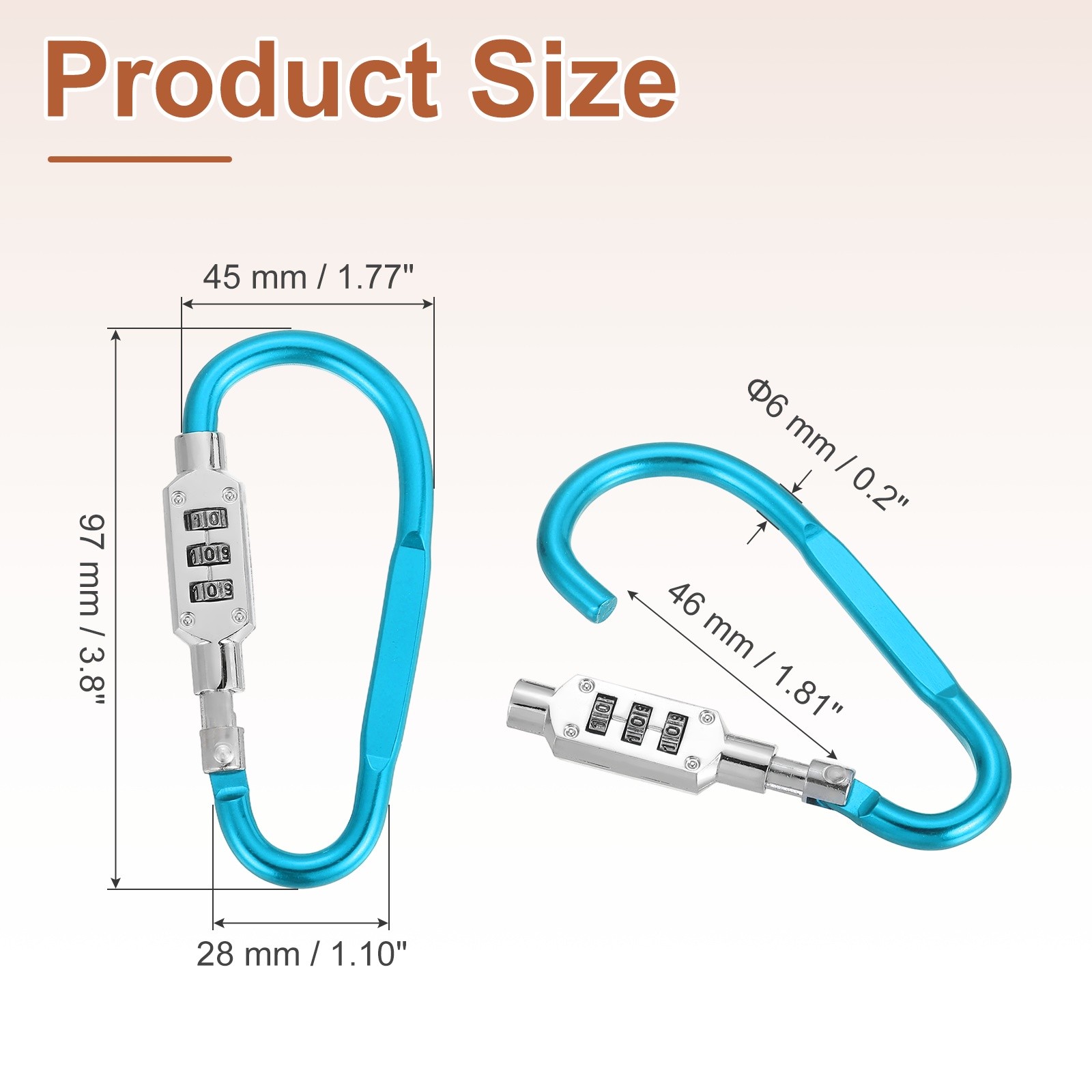 3.8" x 1.8" D-Shaped 3-Digit Code Combination Lock D-Ring Clip, Light Blue