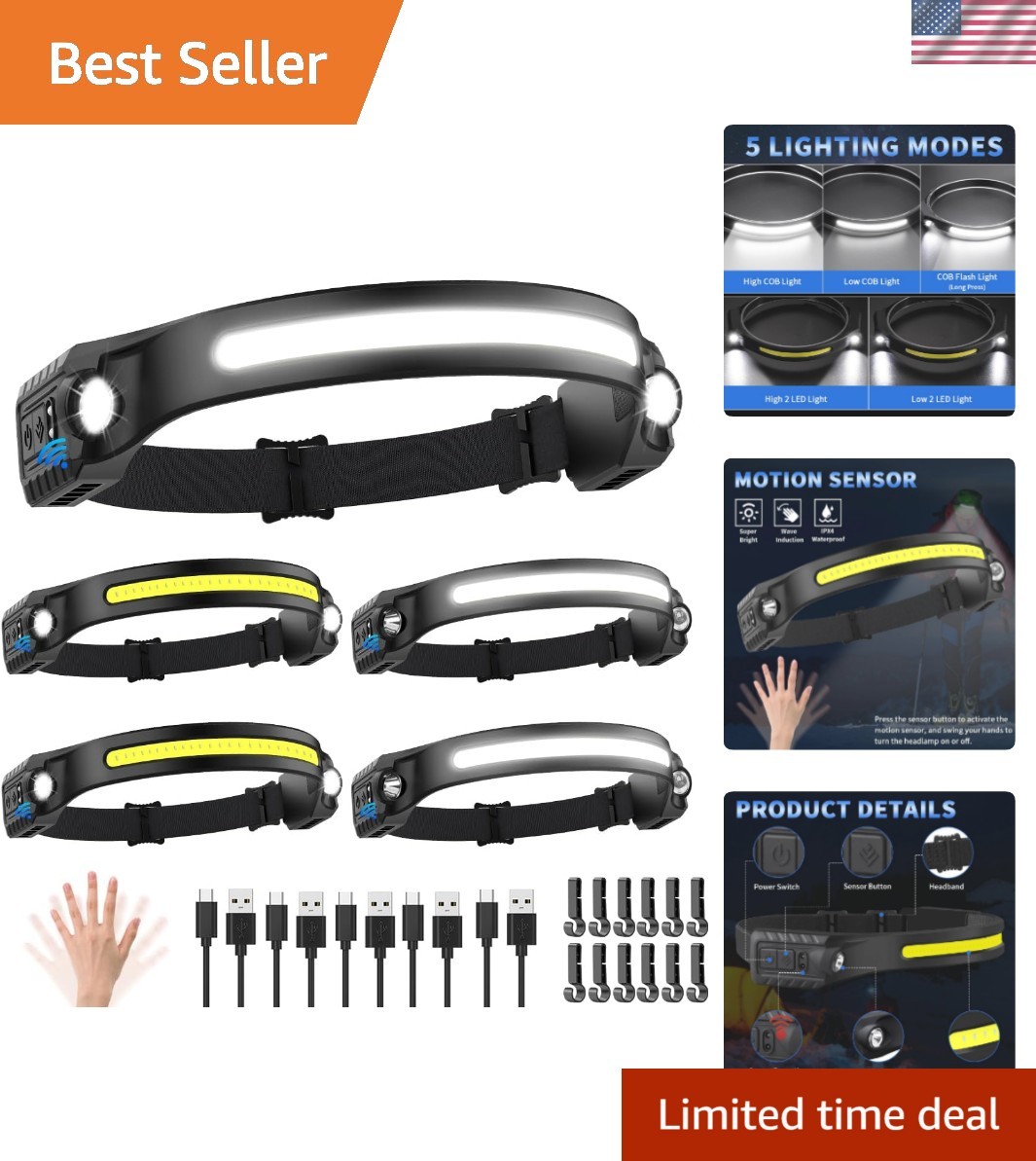 Headlamp Rechargeable 5Pack, 230° Wide Beam Head Lamp with 2 Spotlights, LED ...