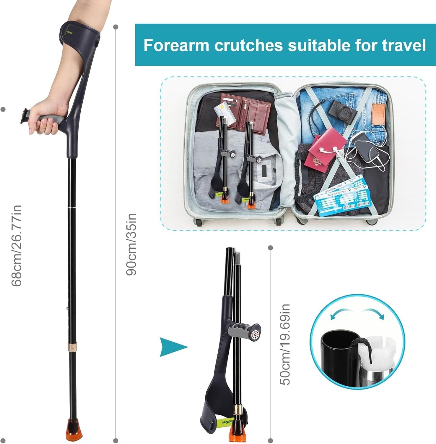 Lightweight Folding Forearm Crutches with Adjustable Height and Anti-Drop Cuff