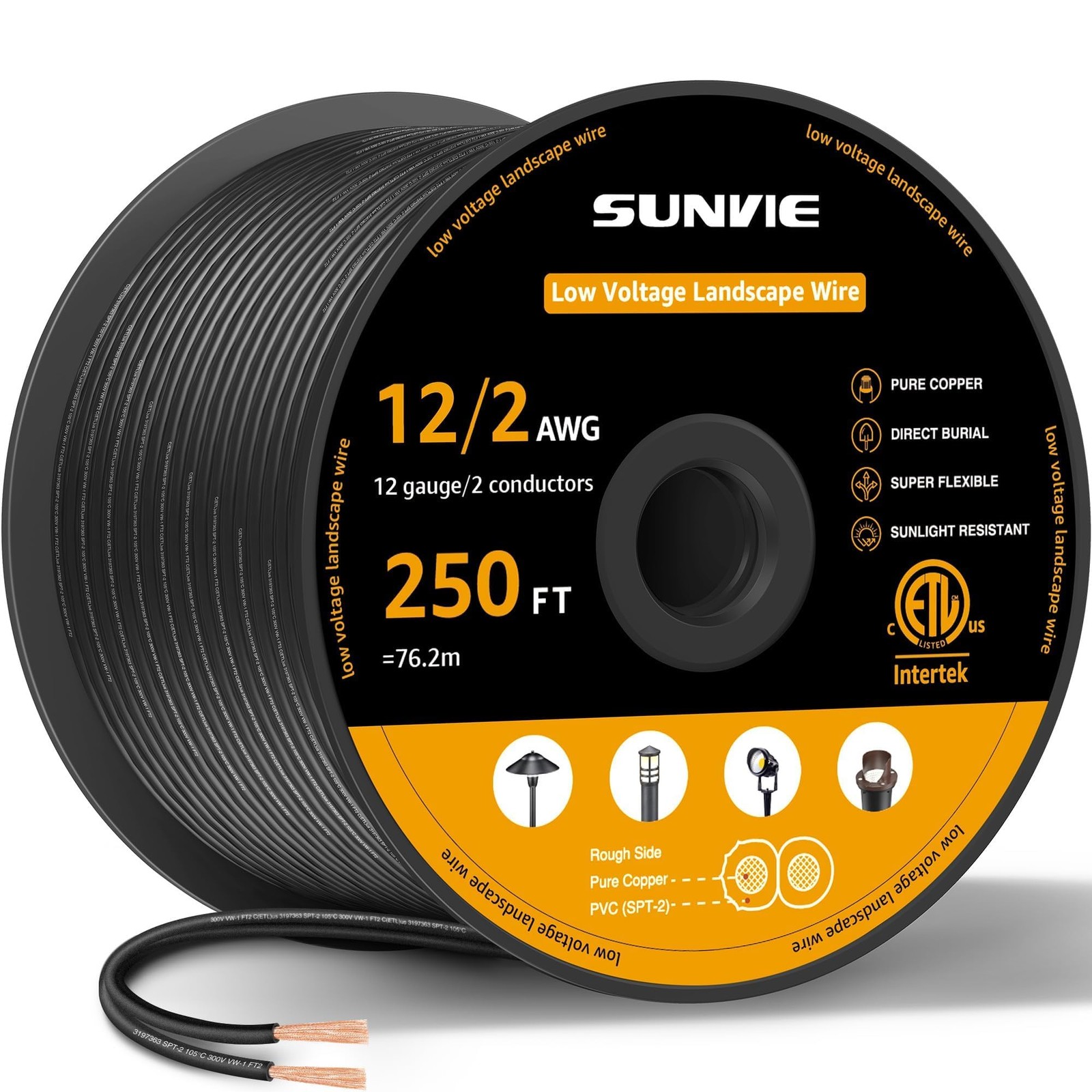 SUNVIE 12/2 Low Voltage Landscape Wire 12 Gauge Pure Copper 12-Gauge, Black