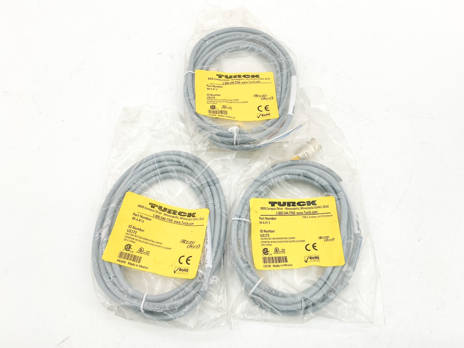 New Lot of 3 Turck RK 4.4T-2 Cordset 250V 4A U2172