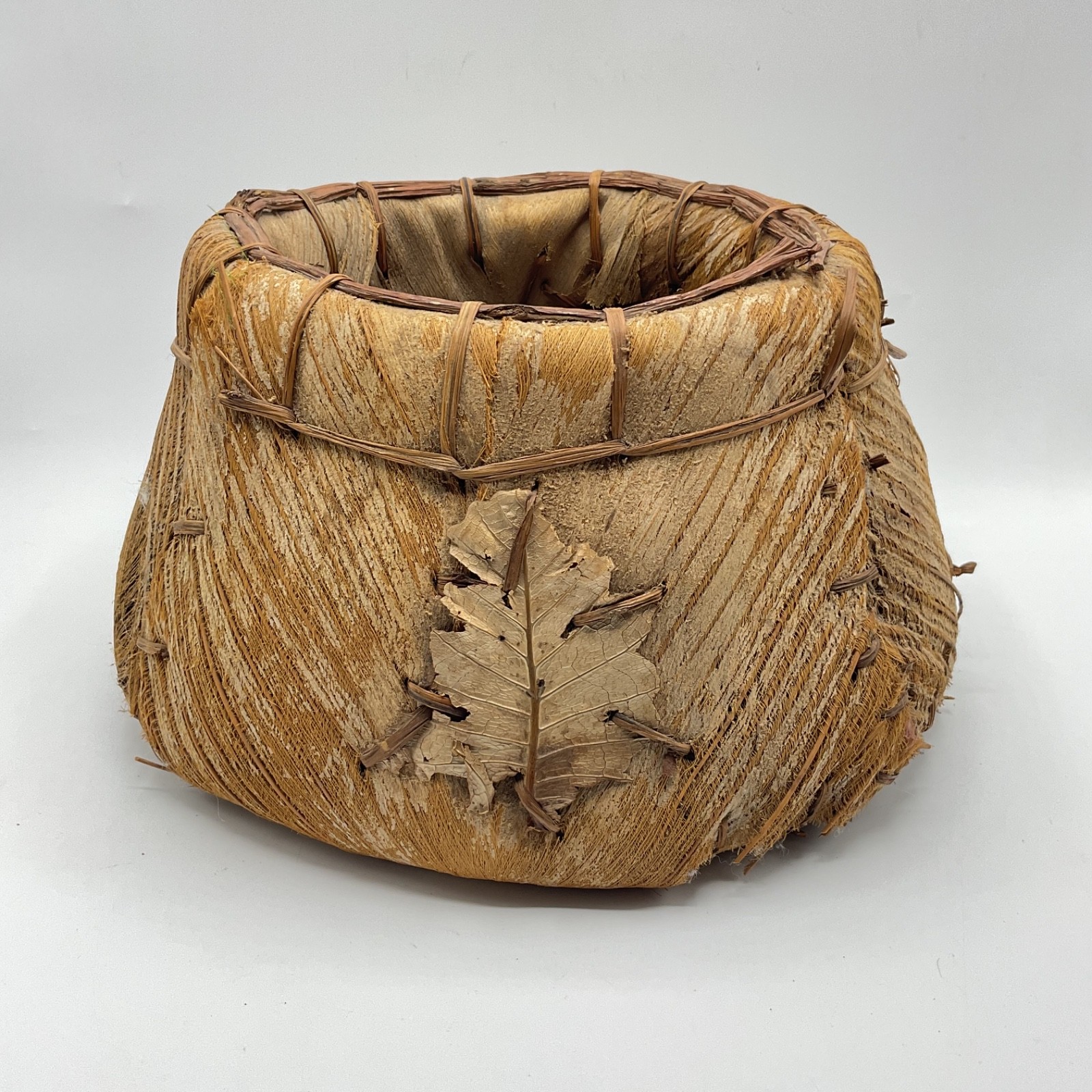 Handmade Palm Husk Sheath Basket Planter 11” Rustic Tiki Boho Tropical