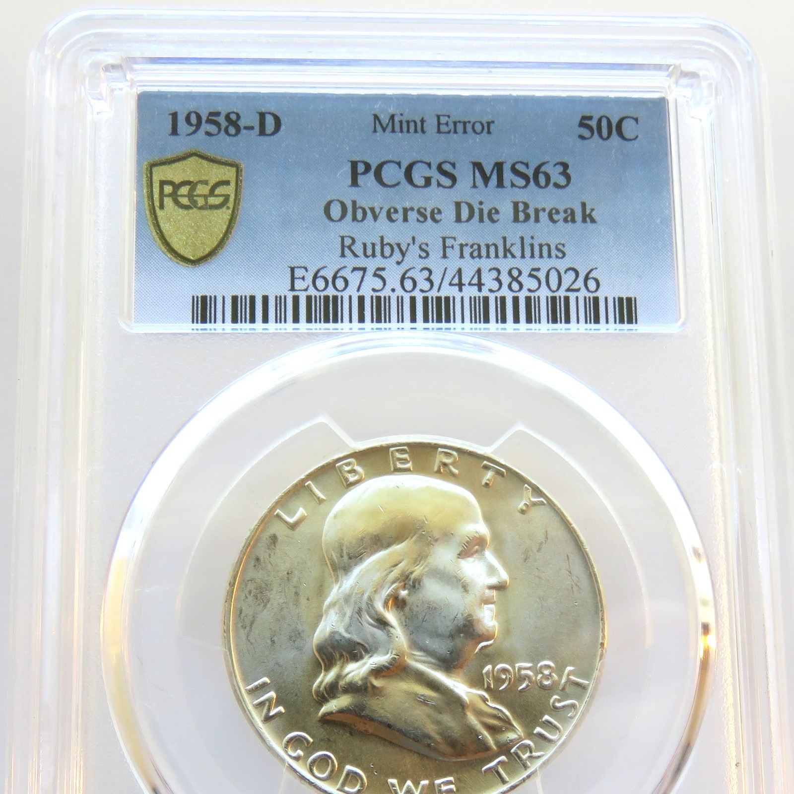 1958-D Franklin Silver Half Dollar - Obv Die Break - PCGS MS 63 Ruby's Franklins