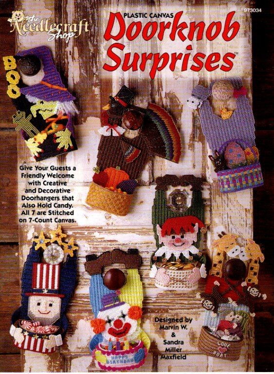 THE NEEDLECRAFT SHOP PLASTIC CANVAS DOORKNOB SURPRISES 7 DESIGNS