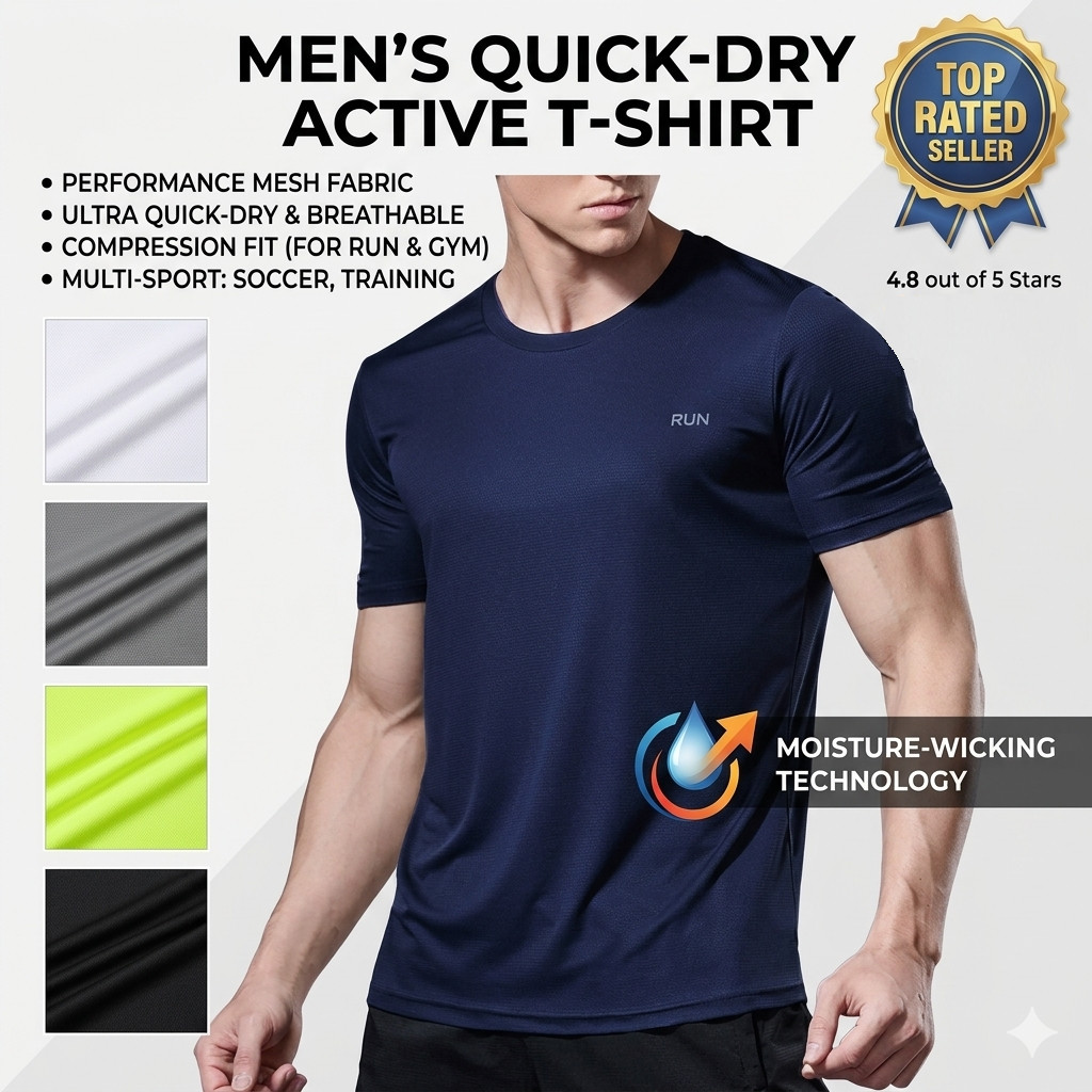 Men’s Quick Dry Sports T-Shirt – Running, Soccer Jersey, Gym Fitness Compression